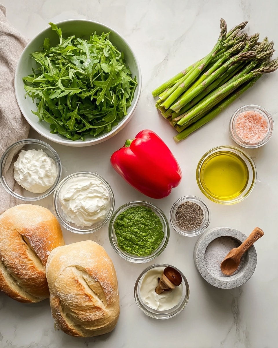 The image shows ingredients neatly placed on a white marbled surface. There is a white bowl full of fresh green arugula at the top left, below it is a white bowl with green asparagus spears. To the right, there is a bright red bell pepper near two pieces of light brown ciabatta bread. Above the bread are small clear glass bowls holding white cream cheese, a green pesto sauce, and white sour cream. Next to them, a small glass bowl contains yellow oil. At the top right corner, two small stone containers hold pink salt with a small wooden spoon and black pepper with another small wooden spoon. Photo taken with an iphone --ar 4:5 --v 7