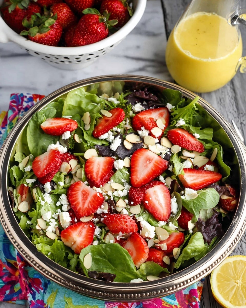 A silver round bowl filled with three layers: the bottom layer is fresh green mixed salad leaves, the middle layer is bright red sliced strawberries evenly spread out, and the top layer is crumbled white cheese pieces and thin light-colored almond slivers scattered over the salad. The bowl sits on a colorful napkin with a white marbled surface underneath. To the top right, there is a glass bottle with a yellow salad dressing and a halved lemon next to it, and to the top left, a white colander filled with strawberries is partly visible. Photo taken with an iphone --ar 4:5 --v 7