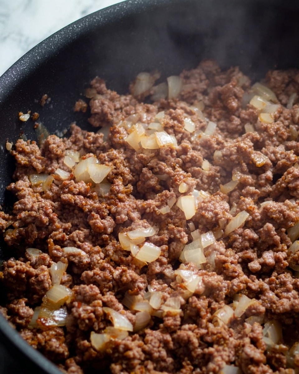 A close-up view of cooked ground meat mixed with diced onions in a black pan, showing the texture of small crumbled brown meat pieces and soft translucent onion bits spread evenly throughout. The onions are light golden to white, contrasting with the rich brown color of the meat, and there is a slight steam haze over the food indicating it is hot. The pan’s dark sides frame the mixture, emphasizing the mixture’s texture and moistness. The background is a white marbled texture photo taken with an iphone --ar 4:5 --v 7