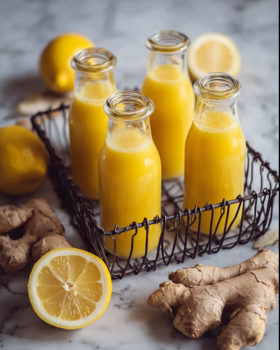 The image shows four small clear glass bottles filled with bright yellow juice placed in a black wire basket on a white marbled surface. There are fresh ginger roots and two lemons placed around the bottles, one lemon is whole, and the other is cut in half showing its juicy yellow inside. The juice inside the bottles has a smooth texture and vibrant yellow color, filling the bottles almost to the top. The arrangement gives a fresh and natural feeling with a clean, bright look. photo taken with an iphone --ar 4:5 --v 7