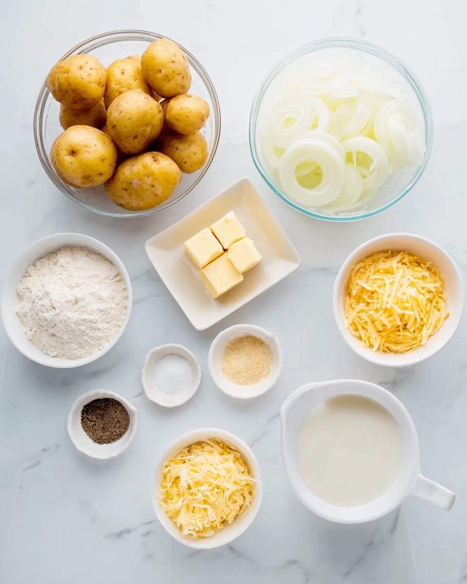 In the image, there are several ingredients placed on a white marbled surface. On the top left, there is a clear bowl holding whole small yellow potatoes. Below it, a white bowl contains sliced white onions. To the right of the potatoes, there is a small white bowl with squares of pale yellow butter, and below it, a small white bowl with white flour. Next to the flour, there is a white square dish with a light yellow powder, likely cheese powder. At the bottom center, a tiny square white dish holds black pepper. To the right of the pepper, another small white square dish contains shredded yellow cheese. On the top right, a large white bowl is filled with white milk, and below it, a white measuring cup holds a light brown liquid. In the middle, a very small white square bowl has minced garlic. Everything is arranged neatly on the surface, ready for cooking photo taken with an iphone --ar 4:5 --v 7