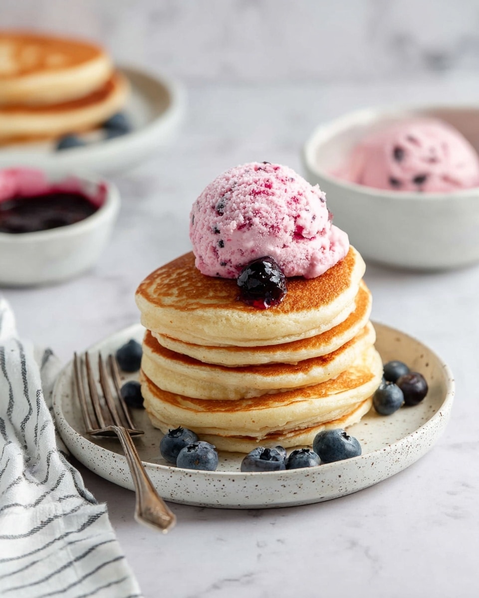 A stack of four golden-brown pancakes sits in the center of a white speckled plate on a white marbled surface. On top of the stack is a scoop of pink berry ice cream with small fruit bits visible, and a single blueberry rests next to the ice cream. Around the base of the pancake stack are scattered blueberries. To the left of the plate, a vintage silver fork lies on a white cloth with thin black stripes. In the soft-focused background, there is another white bowl with a scoop of the same pink ice cream and a small white dish of dark berry jam. Photo taken with an iphone --ar 4:5 --v 7