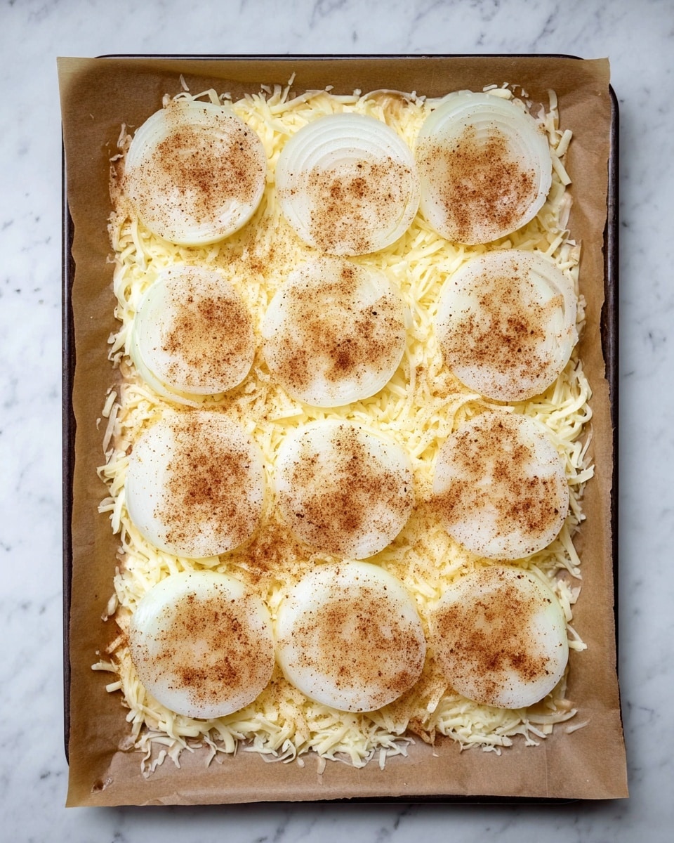 A baking tray lined with brown parchment paper holds a layer of shredded light yellow cheese spread evenly. On top, there are twelve round slices of white onion, each sprinkled with a reddish-brown spice powder, placed in a grid-like pattern across the cheese. The whole tray rests on a white marbled surface, and the cheese strands are thin and soft-looking. The onions are translucent and slightly curled at the edges, evenly spaced with some variation in size. photo taken with an iphone --ar 4:5 --v 7