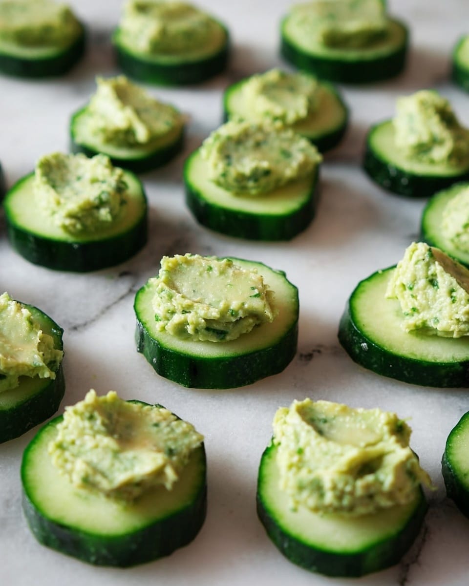 The image shows several small bites arranged on a white marbled surface. Each bite has two layers: the bottom layer is a thick, round cucumber slice with dark green edges and a lighter green center, and the top layer is a thick, uneven dollop of light green creamy spread that looks textured and slightly chunky. The bites are evenly spaced and fill the frame. photo taken with an iphone --ar 4:5 --v 7