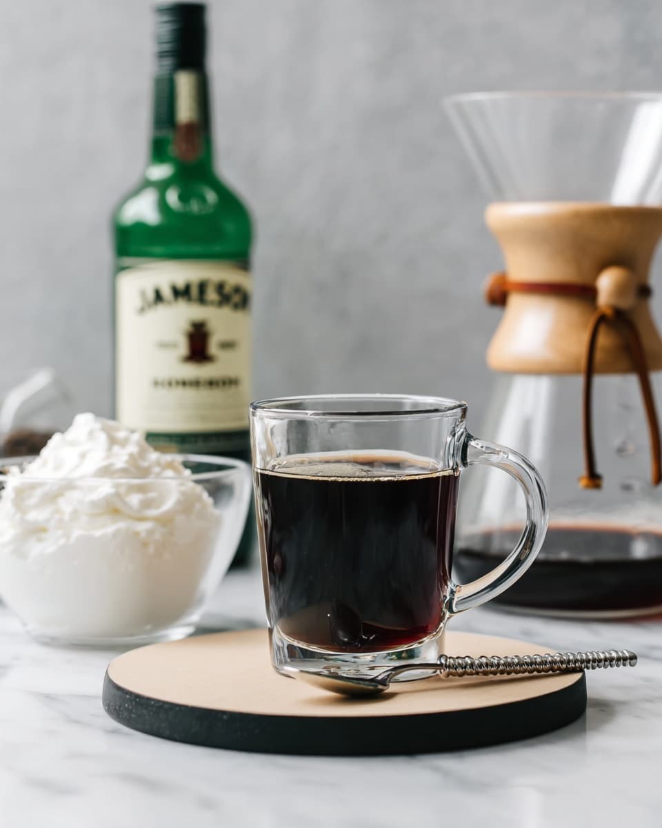 The image shows a clear glass mug filled with dark black coffee placed on a round beige tray with a black edge, which rests on a white marbled surface. Behind the mug, to the left, there is a transparent white bowl filled with white whipped cream, and a silver spoon with a twisted handle lies on the tray in front of the mug. In the background, slightly blurred, a green bottle of Jameson whiskey stands to the left, and to the right, a glass coffee maker with a wooden collar and leather strap is visible, adding to the cozy coffee setup. Photo taken with an iphone --ar 4:5 --v 7