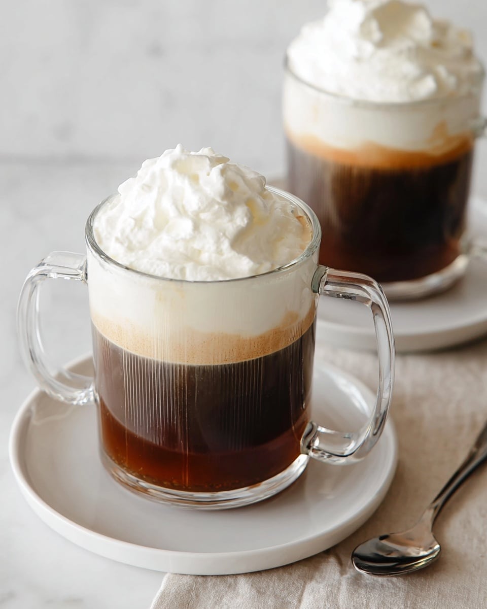 Two clear glass mugs filled with Irish coffee, each showing three visible layers: a dark brown coffee layer at the bottom, a lighter brown creamy layer in the middle, and a thick, white whipped cream layer on top with a fluffy texture. The mugs have clear handles and are placed on a white marbled surface, with one mug set on a white plate beside a small silver spoon. The lighting highlights the smooth and rich textures of the coffee and cream layers, creating a cozy and inviting look. Photo taken with an iphone --ar 4:5 --v 7