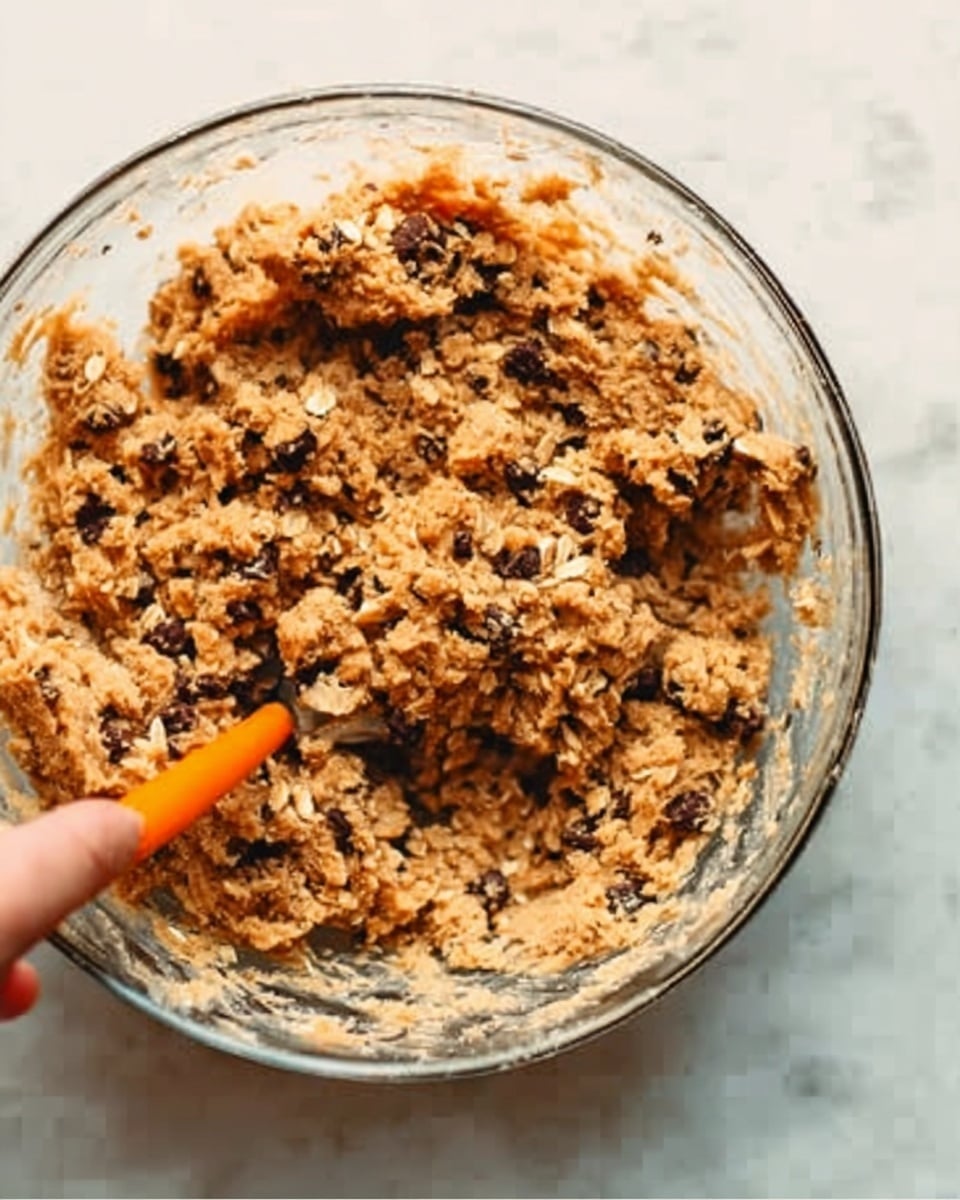 A clear bowl on a white marbled surface filled with a chunky mixture of light brown cookie dough that has oats and dark chocolate chips spread throughout. The dough looks thick and textured with visible bits of oats and chocolate evenly mixed in. A woman's hand with an orange-handled spoon is stirring the mixture inside the bowl. photo taken with an iphone --ar 4:5 --v 7