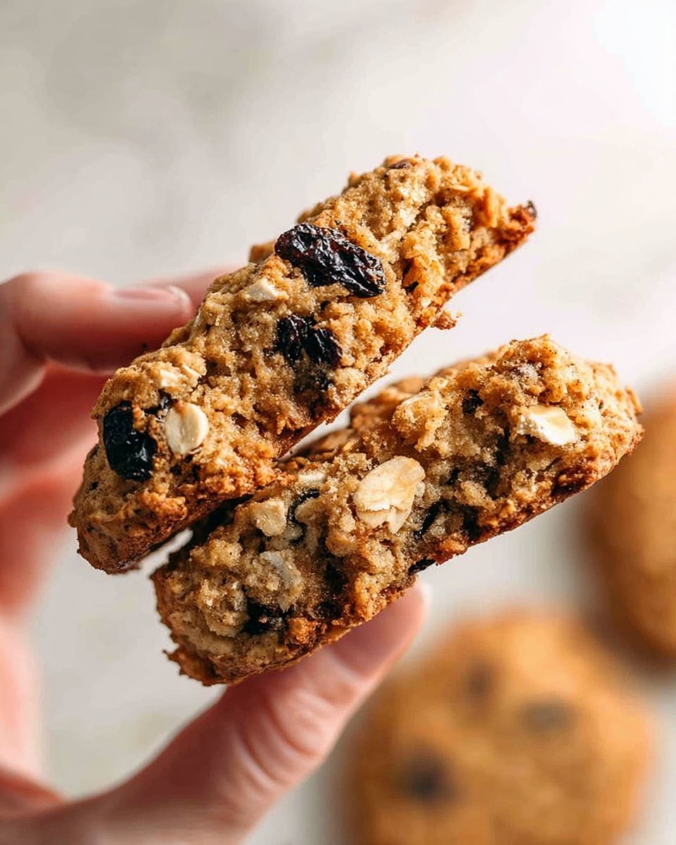 A close-up image shows a woman's hand holding two pieces of a thick, crumbly cookie broken in half. The cookie has a rough texture with visible oats, white nut pieces, and dark raisins mixed throughout its light brown dough. The background is a soft white marbled texture with a whole cookie blurred in the distance. The light highlights the uneven surface of the cookie and its crunchy yet chewy look. photo taken with an iphone --ar 4:5 --v 7