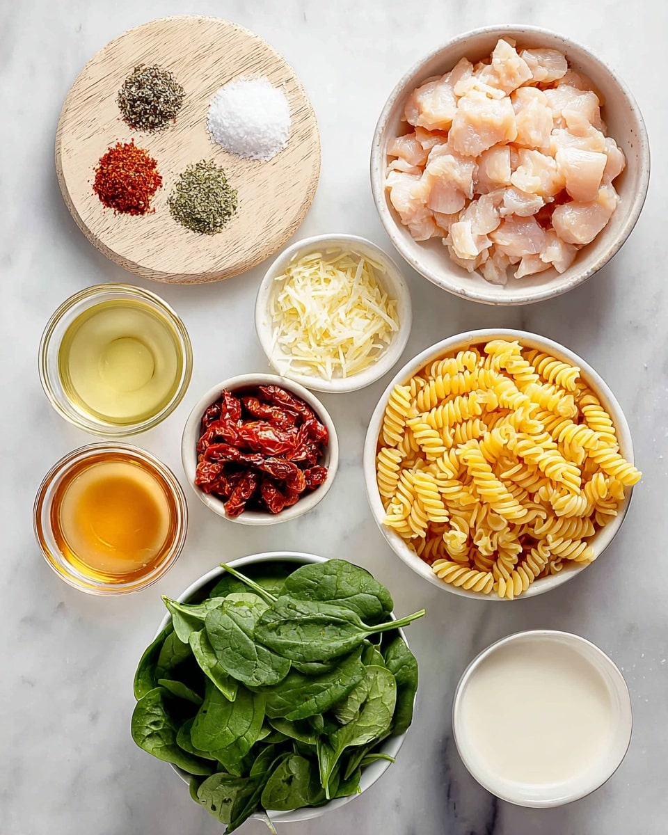 The image shows a variety of ingredients arranged neatly on a white marbled surface. Starting from the top left, there is a round light wooden board holding four small piles of spices: salt, black pepper, dried red chili flakes, and dried green herbs. Below the board, a bowl contains raw diced chicken pieces, pale pink in color and chunky in texture. To the right of the chicken, a small white bowl holds bright red sun-dried tomatoes with a chewy texture. Above that, another small white bowl contains finely chopped garlic, pale yellow with a slightly rough texture. Next to it, a larger white bowl is filled with golden yellow rotini pasta, the corkscrew shapes dry and firm. Below the garlic, another small white bowl has white cream or sauce with a smooth texture. Next to the cream, a small white bowl is filled with finely shredded pale yellow cheese. Below the cheese, a larger white bowl holds fresh green spinach leaves with a fresh, slightly glossy texture. At the bottom left corner, there is a small white bowl containing a clear light yellow liquid, possibly oil. To the left of that, a clear glass container holds an amber-colored broth or stock. Finally, just above the oil, a small white bowl contains chopped white onions, diced finely. All the items are displayed clearly with balanced lighting, photo taken with an iphone --ar 4:5 --v 7