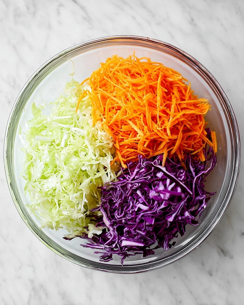 A clear bowl holds three separate piles of shredded vegetables. On the left, there is a layer of light green shredded cabbage with a soft, slightly ruffled texture. At the top center, a pile of bright orange shredded carrots with thin, fine strands sits neatly. To the right, shredded purple cabbage adds a deep purple color with white veins running through its slightly curly pieces. The bowl is placed on a white marbled surface. photo taken with an iphone --ar 4:5 --v 7