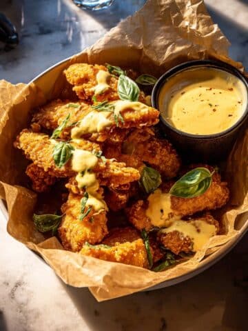 Pretzel Chicken Fingers with Honey Mustard Cheese Sauce Recipe