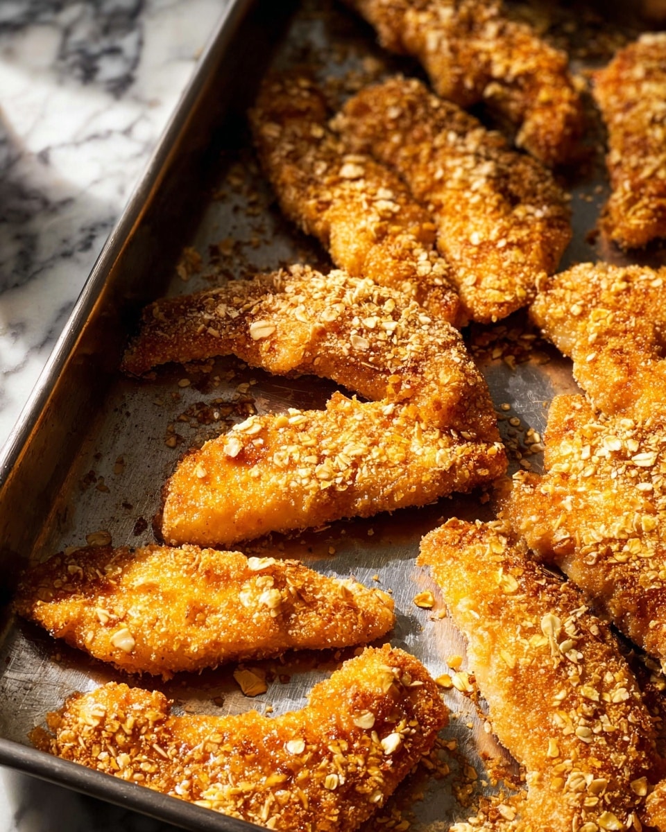 A close-up of a metal baking tray filled with several pieces of golden brown coated chicken strips. Each strip has an uneven crunchy texture with some parts showing small oat flakes or crumbs, making the coating look rough and crunchy. The pieces are spread out but overlap slightly, with warm sunlight casting soft shadows and highlighting the crispy surface. The tray is on a white marbled surface, giving a clean and fresh background to the warm, toasty colors of the chicken strips. photo taken with an iphone --ar 4:5 --v 7