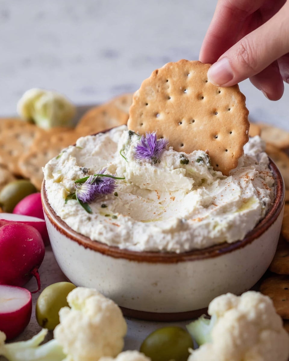 A round, light brown cracker with small holes is held by a woman's hand and dipped into a soft, white creamy dip inside a white bowl with a brown rim. The dip has a few small purple flower petals on top, adding a delicate touch. Around the bowl, there are various fresh vegetable pieces including white cauliflower florets, bright red radishes, and small green olives scattered on a white marbled texture. The scene looks fresh and inviting, focusing closely on the cracker and dip interaction photo taken with an iphone --ar 4:5 --v 7