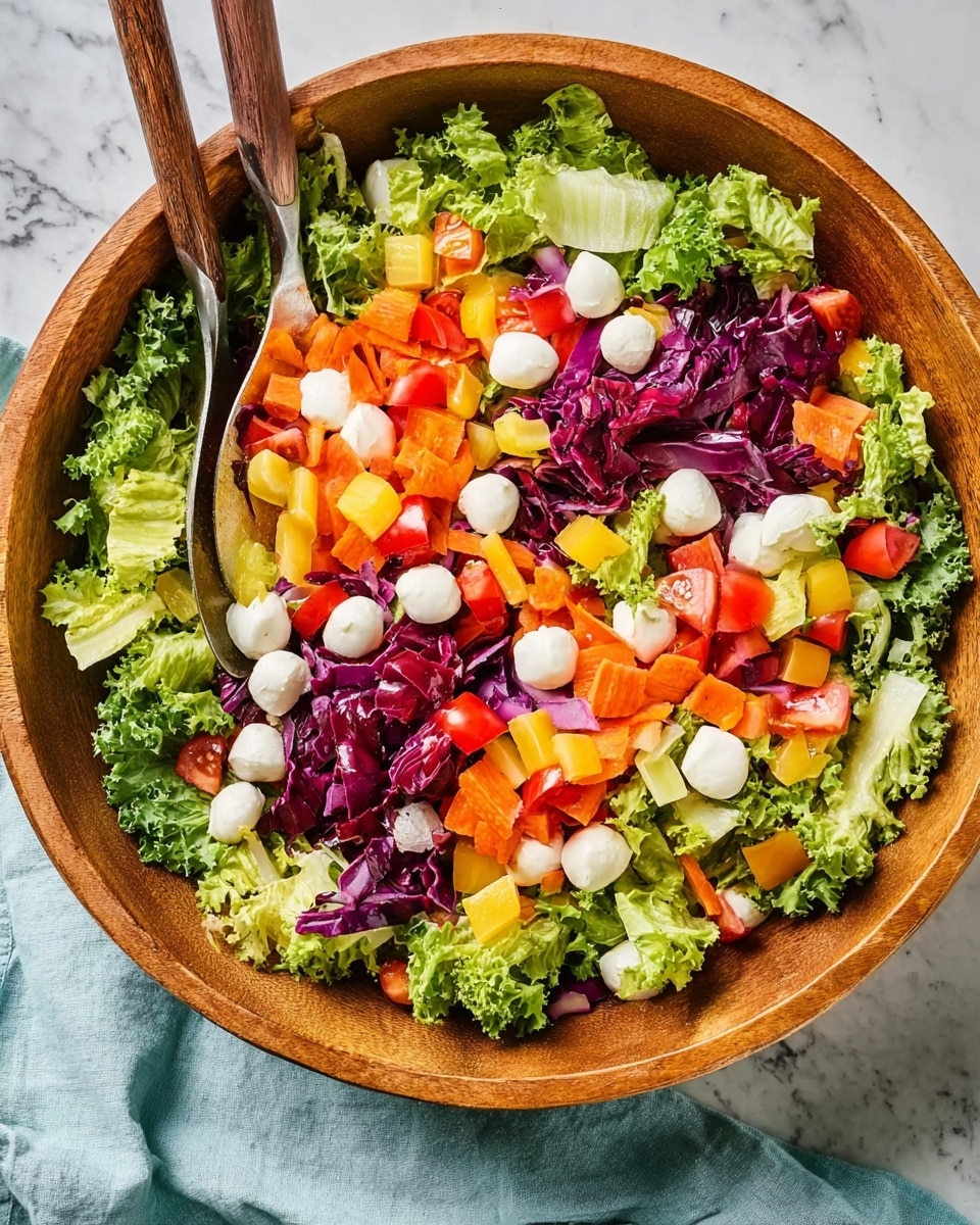 A wooden bowl holds a colorful salad arranged in separate sections: dark green curly kale leaves on top, chopped red cherry tomatoes to the left, yellow chopped bell peppers below the tomatoes, small white cheese balls to the right of the kale, fresh green basil leaves beside the cheese, chopped orange bell peppers underneath the basil, and some torn deep purple cabbage pieces in the center. Two spoons with light brown handles are mixing the salad, held by a woman's hands. The bowl sits on a white marbled surface with a light gray cloth nearby. Photo taken with an iphone --ar 4:5 --v 7