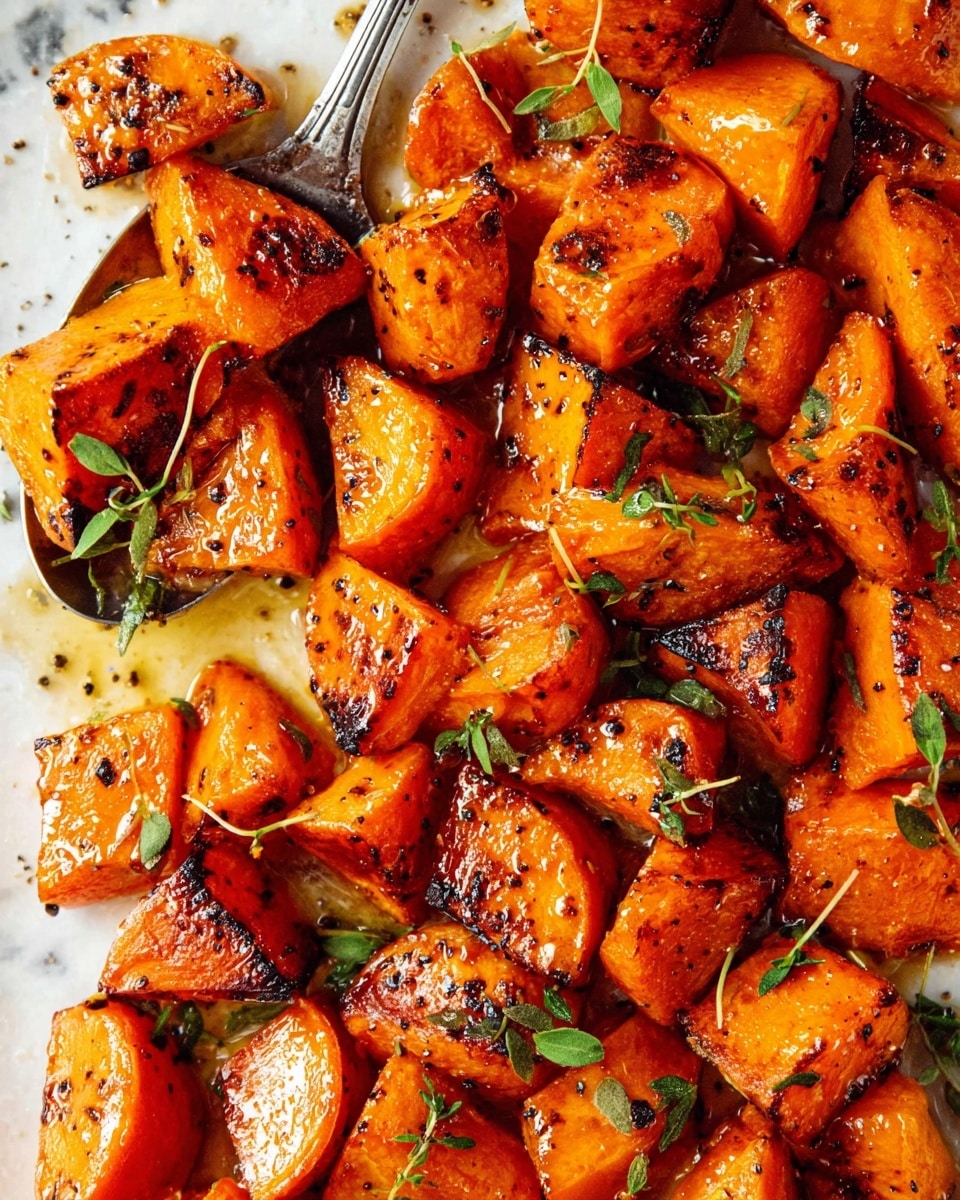 The image shows many pieces of roasted sweet potatoes piled close together on a white marbled surface. Each piece is golden-orange with a shiny, slightly caramelized texture, having some dark brown grilled marks. Scattered on top are small green herb leaves adding a fresh touch. The sweet potatoes are coated in a light glossy sauce, with black specks of ground pepper visible for extra detail. A silver spoon is visible at the top left corner, holding some of the sweet potatoes. The overall look is warm and inviting, with the colors and textures making the dish appear tasty and well-cooked photo taken with an iphone --ar 4:5 --v 7