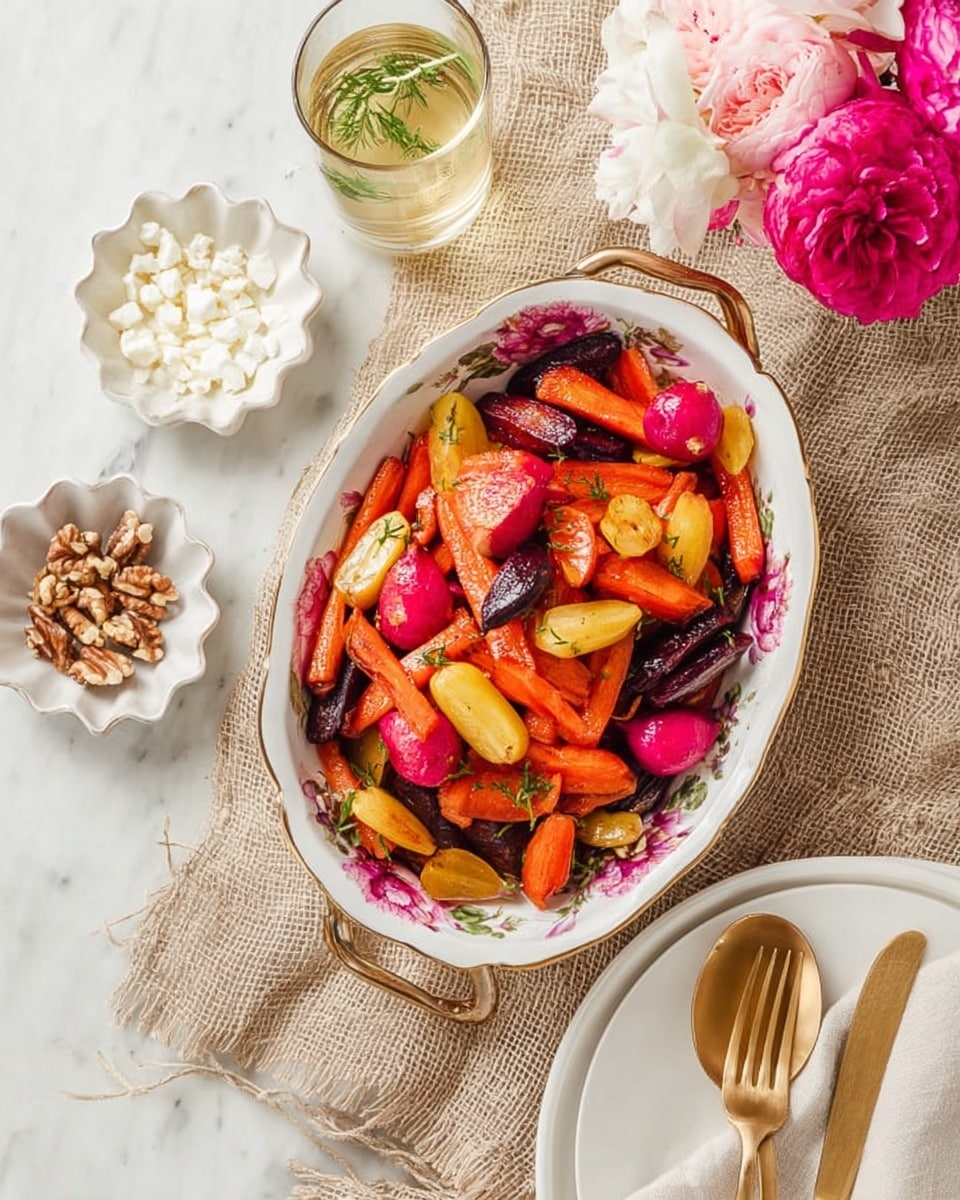 The image shows a white oval dish with a floral pattern filled with roasted vegetables, including bright orange carrot sticks, golden yellow pieces, deep purple carrot slices, and round pink radishes, all mixed together and placed on a white marbled surface with a piece of coarse beige fabric nearby. To the left of the dish, there are two small white scalloped bowls, one with white crumbled cheese and the other with walnut halves. There is also a glass of light golden liquid with some green herbs beside it. On the right side, there is a beige cloth napkin on a white plate with a shiny gold fork and spoon resting on it, next to a pink and white flower. Photo taken with an iphone --ar 4:5 --v 7