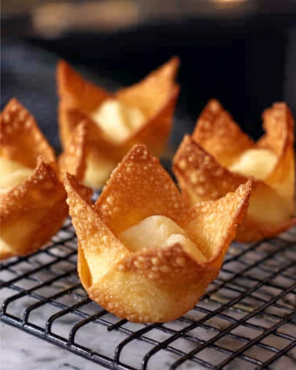 The image shows five golden brown fried wontons placed on a black wire cooling rack. Each wonton has a crispy texture with bubbled, crunchy edges that fold up irregularly, revealing a lighter, smooth dough section in the center. The background is softly blurred dark, making the wontons stand out clearly. The surface below the rack is a white marbled texture. Photo taken with an iphone --ar 4:5 --v 7