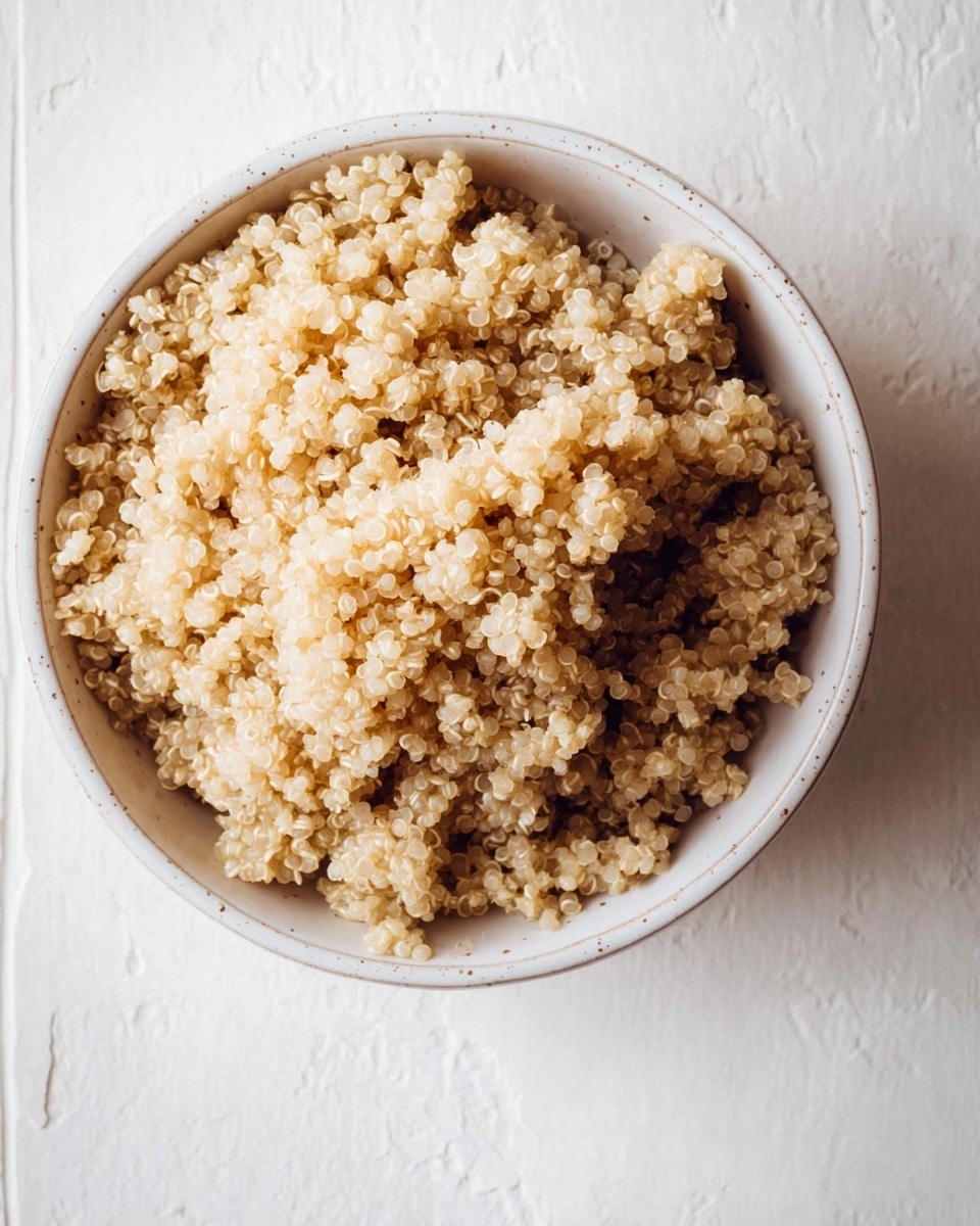 A close-up image showing a bowl filled with cooked quinoa, which has a soft, grainy texture and a light beige color. The quinoa fills the bowl fully, with small, round grains clustered tightly together, creating a fluffy and slightly uneven surface. The bowl is white with a smooth edge and has a speckled finish. The background shows a white marbled texture beneath the bowl. photo taken with an iphone --ar 4:5 --v 7