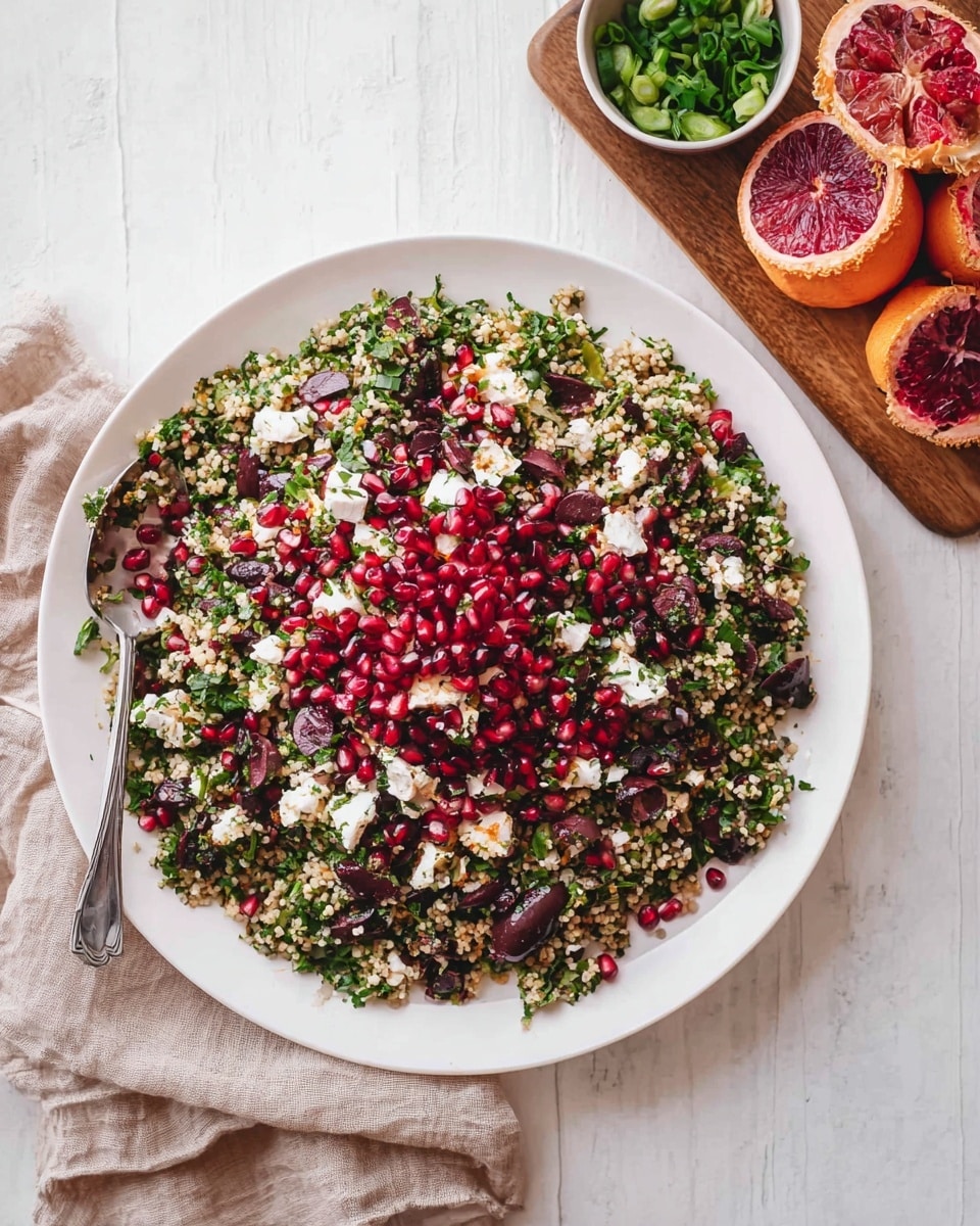 A white plate with a detailed black floral pattern around the edge holds a colorful salad. The salad is made of four main layers: the bottom layer is small beige grain pieces, mixed evenly with chopped dark green herbs as the second layer, scattered bright red pomegranate seeds as the third layer, and small white cheese chunks spread on top as the fourth layer. A silver fork rests on the left side of the plate, and the plate is placed on a white marbled surface with parts of two similar plates visible in the background. photo taken with an iphone --ar 4:5 --v 7