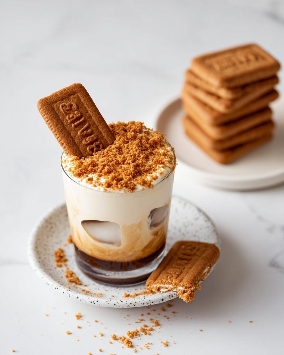 A clear glass cup sits on a white speckled saucer, filled with three visible layers: a bottom dark brown layer, a middle light creamy layer with ice cubes, and a thick white creamy top layer sprinkled with crushed brown crumbs. A rectangular brown cookie is placed upright on top of the cream, partially embedded, with a smaller broken cookie piece lying nearby on the white marbled surface. In the background, a white speckled plate holds a neat stack of five more rectangular brown cookies. Photo taken with an iphone --ar 4:5 --v 7
