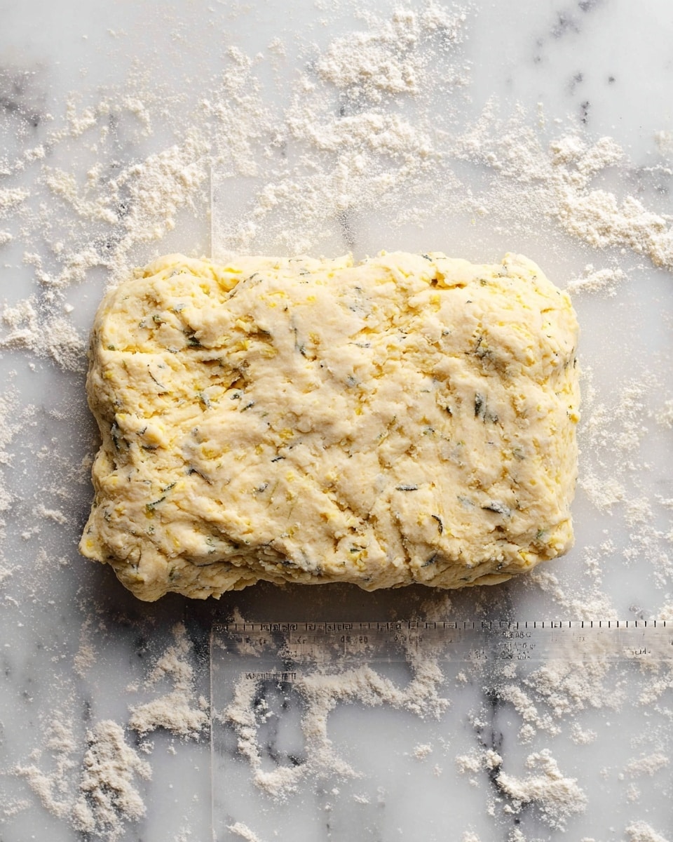 The image shows a rough rectangle of dough placed on a white marbled surface dusted with flour. The dough is pale yellow with small darker specks scattered throughout, indicating added herbs or seeds. Its texture looks crumbly and uneven, with visible small lumps and cracks on the surface. A transparent ruler lies horizontally just below the dough, partially covered in flour. The scene is bright and clean, putting focus on the dough and the white marble background photo taken with an iphone --ar 4:5 --v 7