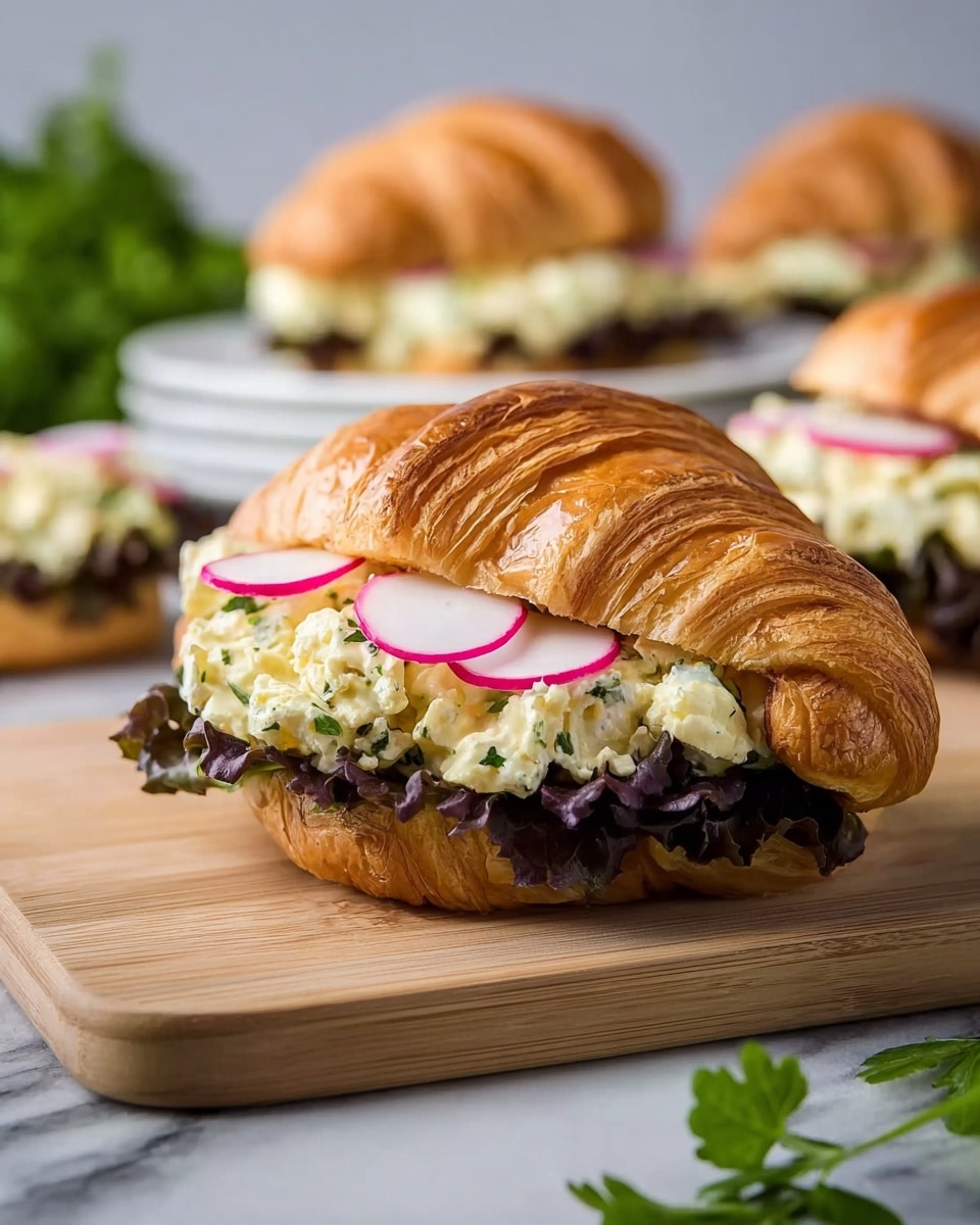 A croissant sandwich is shown on a light wooden board with a white marbled surface in the background. The sandwich has three visible layers: the bottom layer is dark green leafy lettuce with curly edges, the middle layer is a creamy pale yellow egg salad mixed with herbs, and the top layer consists of thin, bright pink radish slices with white centers, placed on the croissant’s light golden, flaky, and slightly curved top half. In the blurred background, there are two more croissant sandwiches on white plates and fresh green parsley leaves. photo taken with an iphone --ar 4:5 --v 7