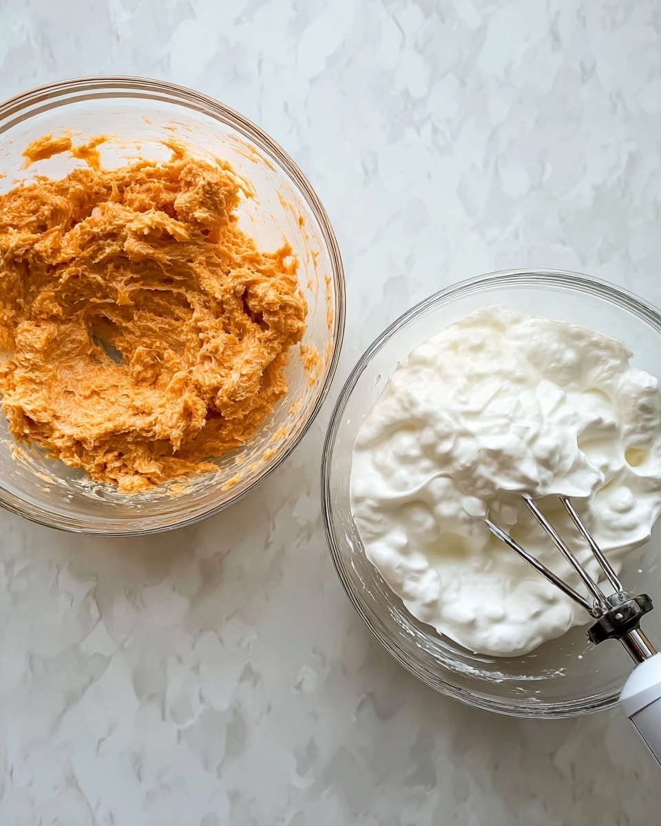The image shows two clear glass bowls side by side on a white marbled surface. The bowl on the left contains a thick, orange mixture with some brownish bits mixed in, having a rough and chunky texture. The bowl on the right holds a fluffy, white foam, likely whipped egg whites, with an electric hand mixer placed inside it. Photo taken with an iphone --ar 4:5 --v 7