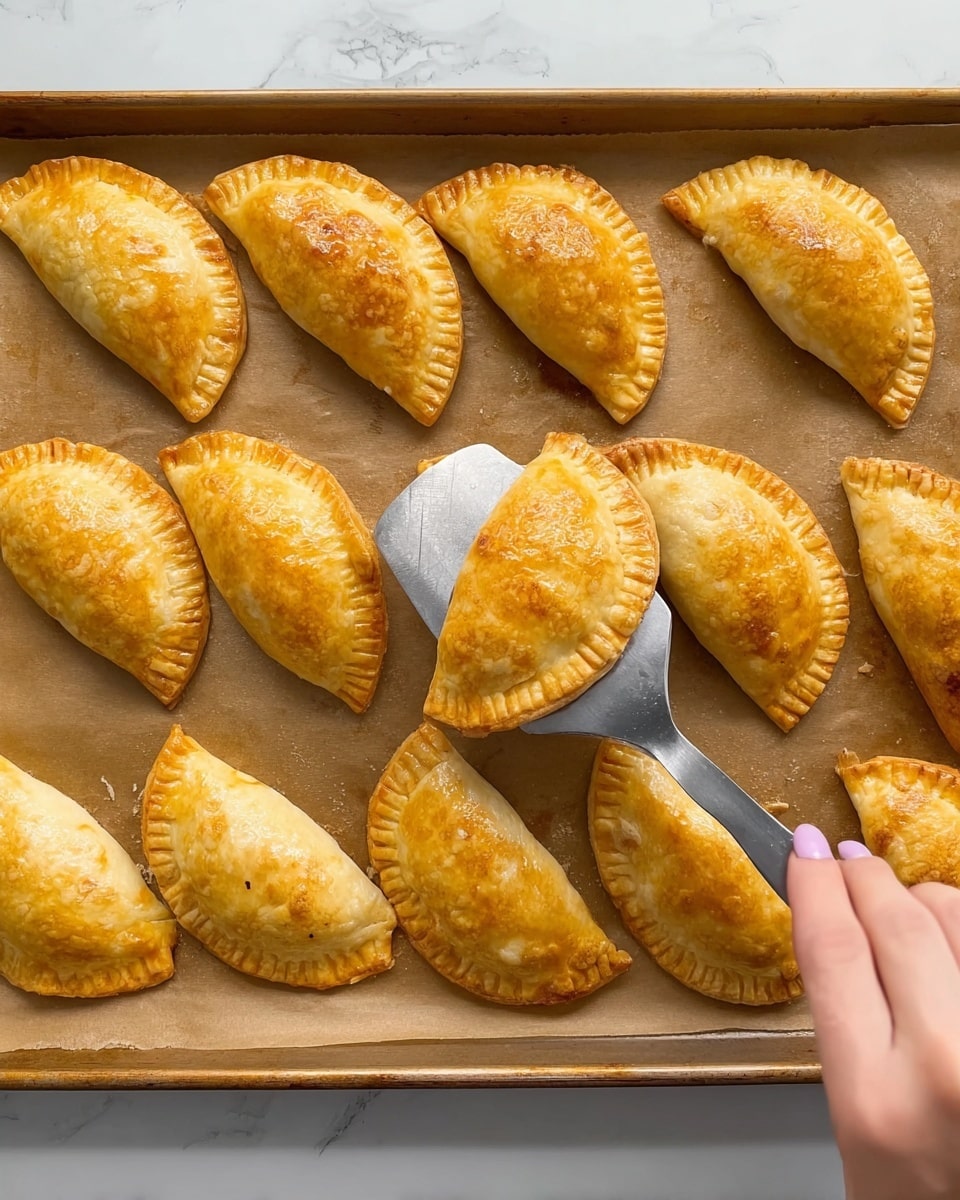 The image shows a baking tray lined with brown parchment paper holding many golden-brown half-circle pastries arranged in rows. Each pastry has a slightly shiny, flaky crust with a crimped edge. A woman's hand with a light pink nail polish holds a metal spatula lifting one pastry from the tray. The tray rests on a white marbled surface. photo taken with an iphone --ar 4:5 --v 7