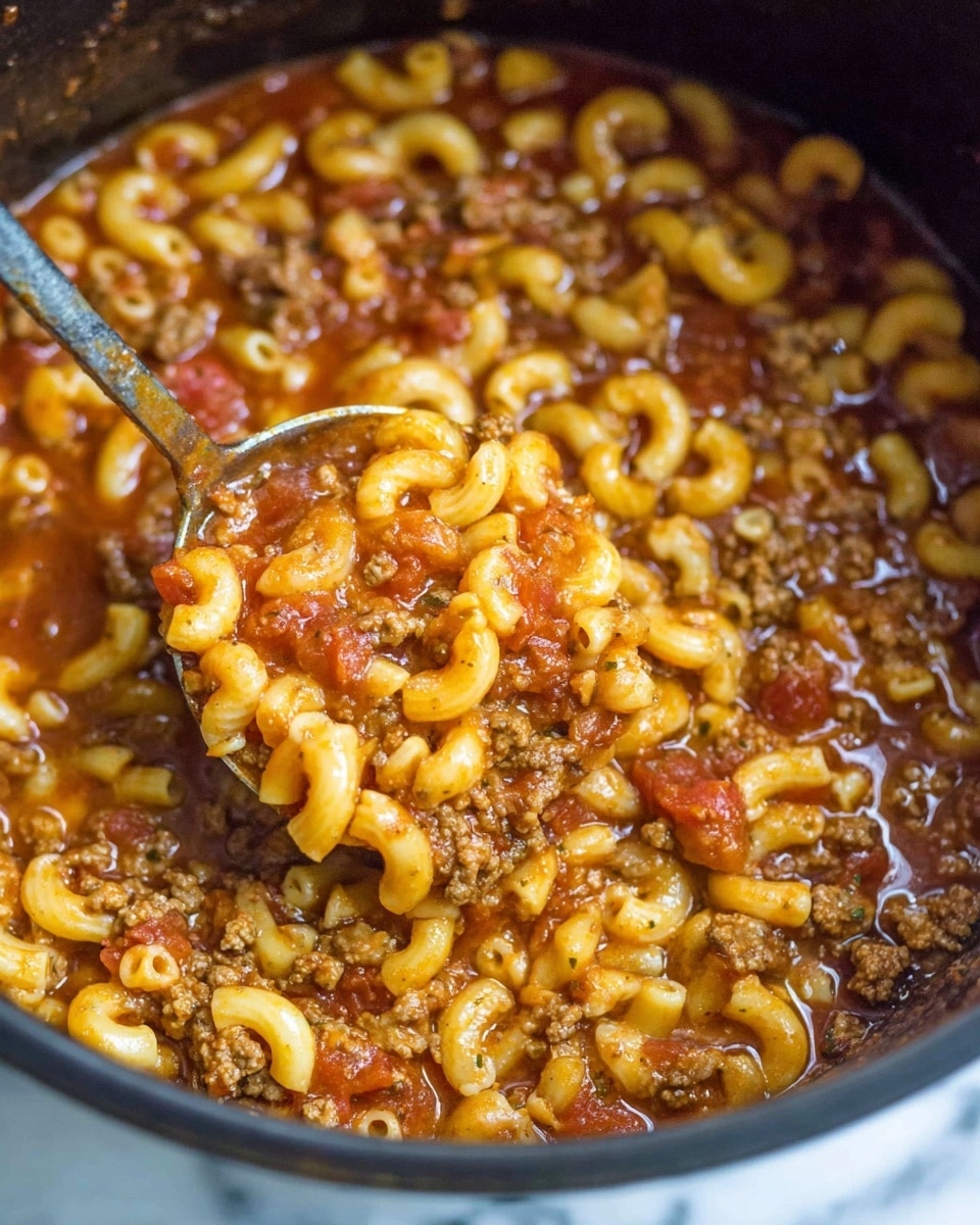 This image shows a thick stew with elbow macaroni pasta and small pieces of cooked brown ground meat mixed in a reddish-brown tomato sauce. The stew is inside a dark pot, and the sauce looks a bit watery with some visible chunks of tomato and herbs. A metal spoon is scooping up some of the pasta and meat from the center of the pot. The pasta is soft, curved, and shiny with sauce coating it, while the meat is crumbly with a rough texture. The background is a white marbled surface. photo taken with an iphone --ar 4:5 --v 7