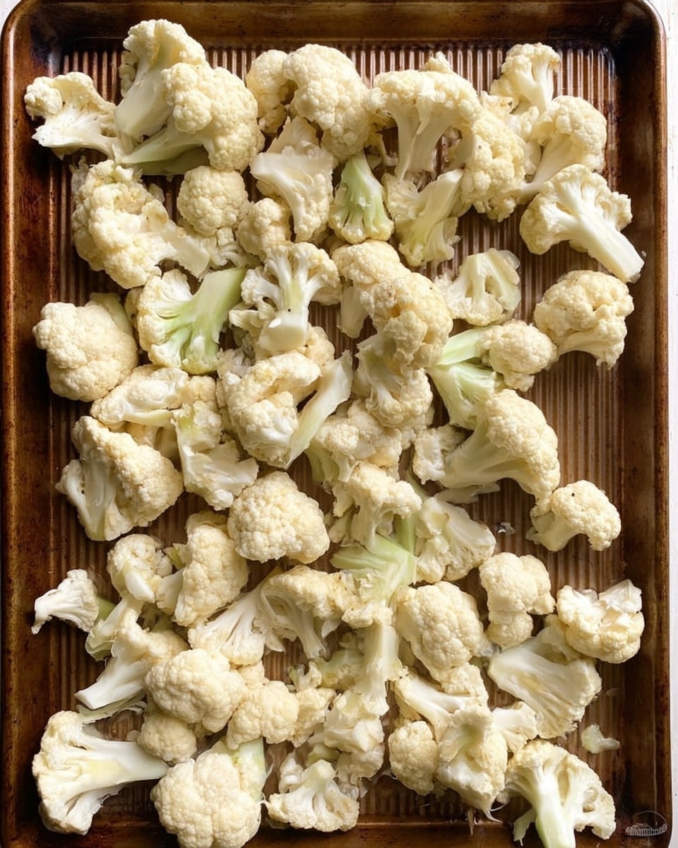 A large baking tray filled with many pieces of raw white cauliflower, each piece showing a mix of creamy white florets and light greenish stems, spread out evenly with some overlapping on a brown metal surface with ridges. photo taken with an iphone --ar 4:5 --v 7
