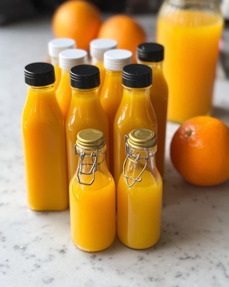 The image shows two sets of bottles filled with bright orange juice placed on a white marbled surface. The back set has seven tall bottles with black and white caps, arranged tightly in a small group. In front, there are three small clear glass bottles with gold caps and small handles on their necks, also filled with the same orange juice. In the background, two whole oranges are slightly out of focus, along with a blurred glass container with orange liquid inside. The overall scene feels fresh and vibrant. photo taken with an iphone --ar 4:5 --v 7