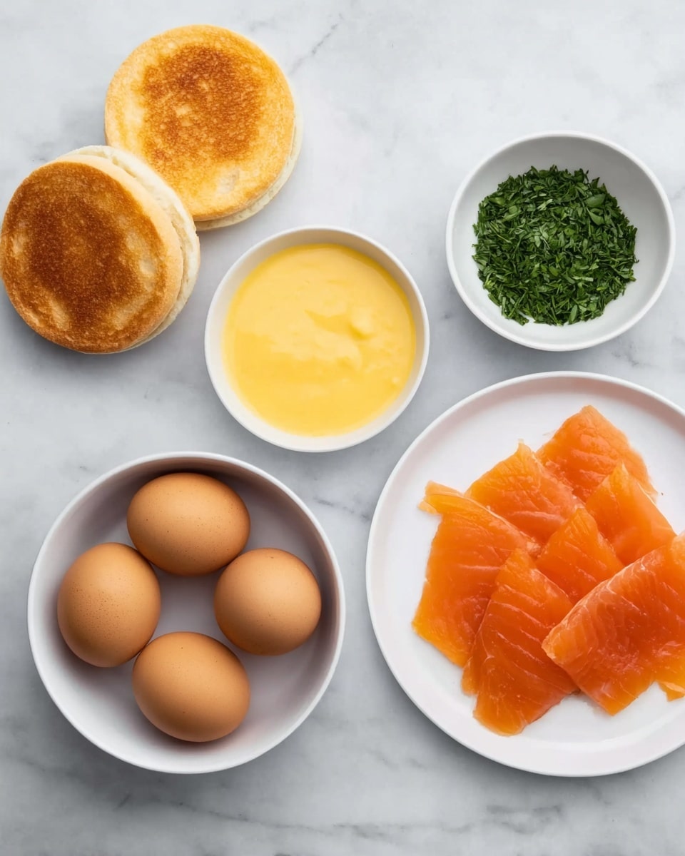 The image shows several white dishes arranged on a white marbled surface. At the center bottom, there is a white bowl holding four brown eggs. To the left of the eggs, there is another white bowl filled with smooth, yellow sauce. Above this bowl, two halves of toasted English muffins are placed side by side, showing their golden brown toasted surfaces. To the right of the eggs, there is a small white bowl containing finely chopped green herbs. Above this, slightly to the right, a white plate holds thin slices of bright orange smoked salmon spread out flat. The overall color contrast is between the white dishes and the natural colors of the eggs, sauce, herbs, muffins, and salmon. Photo taken with an iphone --ar 4:5 --v 7