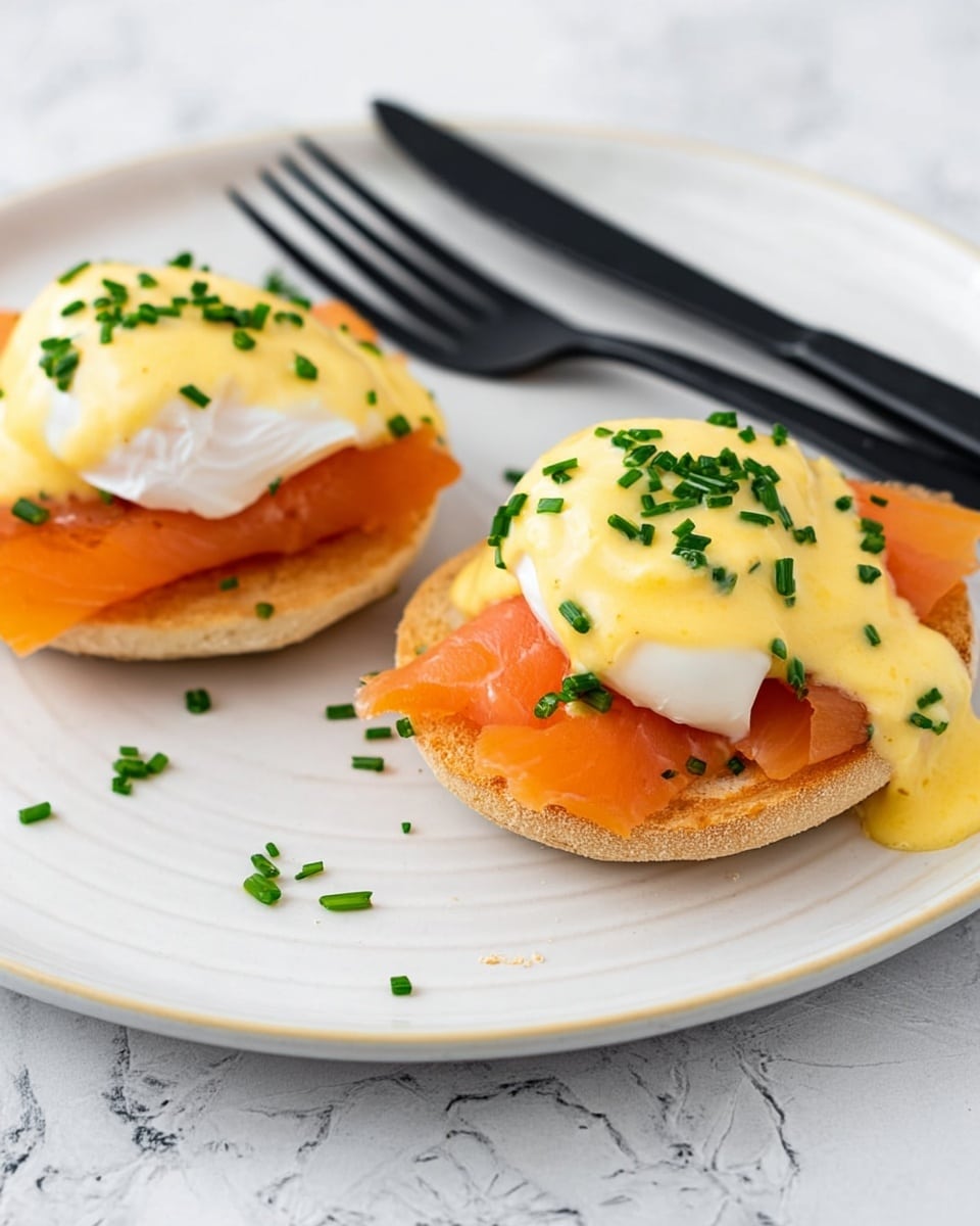 Two English muffins toasted light brown are placed on a white plate with a white marbled texture background. Each muffin is topped with thin orange slices of smoked salmon, a smooth white poached egg, and a thick creamy yellow hollandaise sauce. Green chopped chives are sprinkled on top of the sauce, giving a fresh contrast. A black fork and knife rest on the plate nearby. photo taken with an iphone --ar 4:5 --v 7