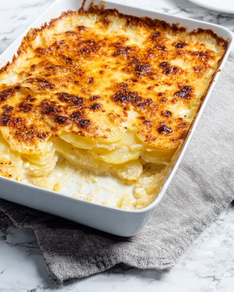 A white rectangular baking dish holds a layered potato gratin with a golden brown, bubbly cheese crust on top. The top layer is crispy and slightly browned with spotty darker spots from the melted cheese. Below the crust, there are several thin layers of soft, pale yellow sliced potatoes packed closely together, coated in a creamy white sauce. Part of the dish is scooped out on one side, showing the soft potato layers stacked neatly inside. The dish is resting on a textured gray cloth with a white marbled surface underneath. photo taken with an iphone --ar 4:5 --v 7