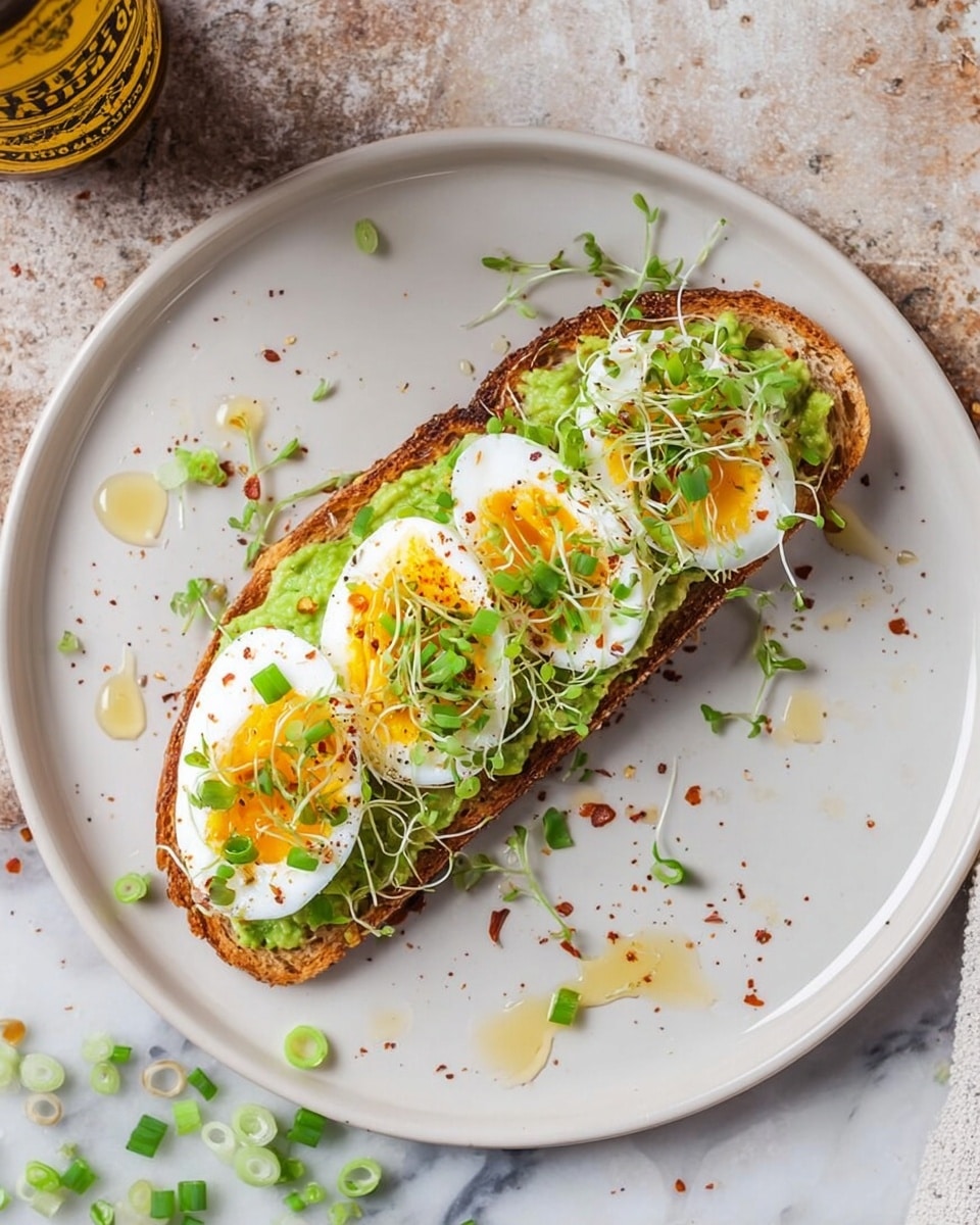 A single slice of toasted bread with a crispy brown crust lies on a large white plate on a white marbled surface. The bread is spread with a layer of green avocado mash, followed by a thick layer of white cottage cheese dotted with soft-boiled egg slices featuring bright yellow yolks. Thinly sliced green onions and a mixture of small green sprouts are scattered on top. There are small bits of red chili flakes and black pepper sprinkled over everything, adding color contrast and texture. Photo taken with an iphone --ar 4:5 --v 7