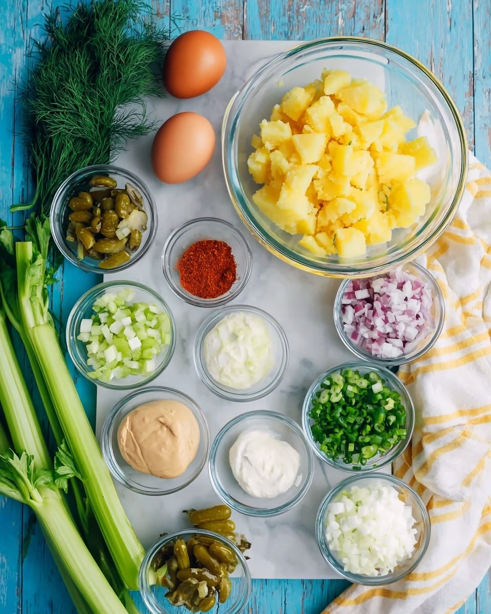 The image shows several clear glass bowls arranged on a white marbled surface with a blue wooden background, each containing different ingredients. Starting from the top right, a large bowl is filled with yellow, cubed potatoes; below it, a small bowl holds beige mustard. To the left, a large bowl contains brown eggs. Surrounding these are smaller bowls with finely chopped red onion, diced pickles, chopped green onions, creamy white mayonnaise, grainy mustard, and diced celery. Fresh green celery stalks with leaves are placed on the left side, and a small pile of bright red paprika powder sits in a tiny dish near the celery. A sprinkle of fresh dill is visible in the top left corner, and a white cloth with yellow stripes rests on the right side. Photo taken with an iphone --ar 4:5 --v 7