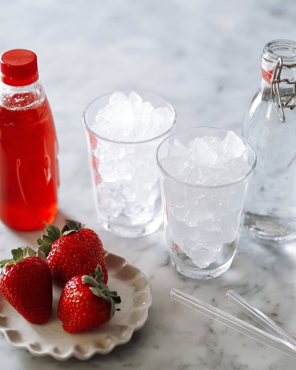 The image shows two clear glasses filled with crushed ice, placed on a white marbled surface. In front of the glasses, there is a small white dish with two large, bright red strawberries with green leaves. To the left, there is a red bottle of strawberry syrup standing upright. On the right side, there is a clear glass bottle filled with sparkling water and ice. Two clear plastic straws lie on the surface near the front of the image. The overall scene is bright and clean with the white marbled background providing a soft contrast to the vibrant red strawberries and syrup bottle photo taken with an iphone --ar 4:5 --v 7