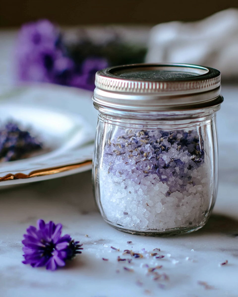 The image shows a small clear glass jar filled with coarse white salt mixed with small dried purple flowers. The jar has a silver metal screw-top lid and sits on a white marbled surface. To the left, part of a white plate with gold trim is visible, holding a small bunch of fresh purple flowers. A single fresh purple flower lies on the surface in front of the jar. The lighting highlights the sparkling texture of the salt and the delicate dried and fresh flowers around it. Photo taken with an iphone --ar 4:5 --v 7