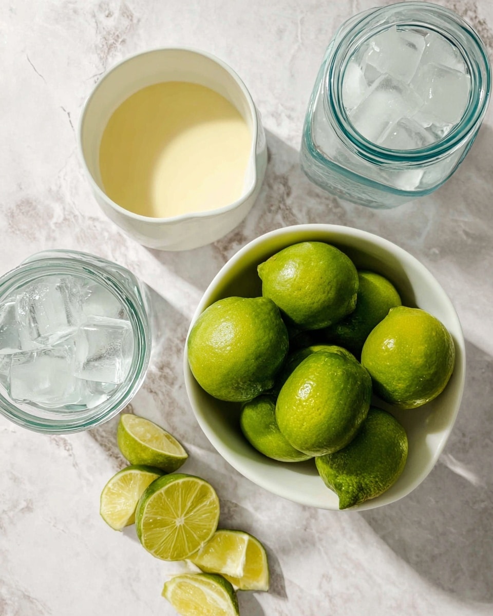 A white bowl full of bright green limes, some whole and some cut into halves and quarters, placed on a white marbled surface. Next to the bowl, there is a small white creamer filled with light yellow liquid. Nearby, two clear glass jars sit on the surface, one empty and the other filled with large ice cubes. The overall setup is clean and fresh with a top-down view. photo taken with an iphone --ar 4:5 --v 7