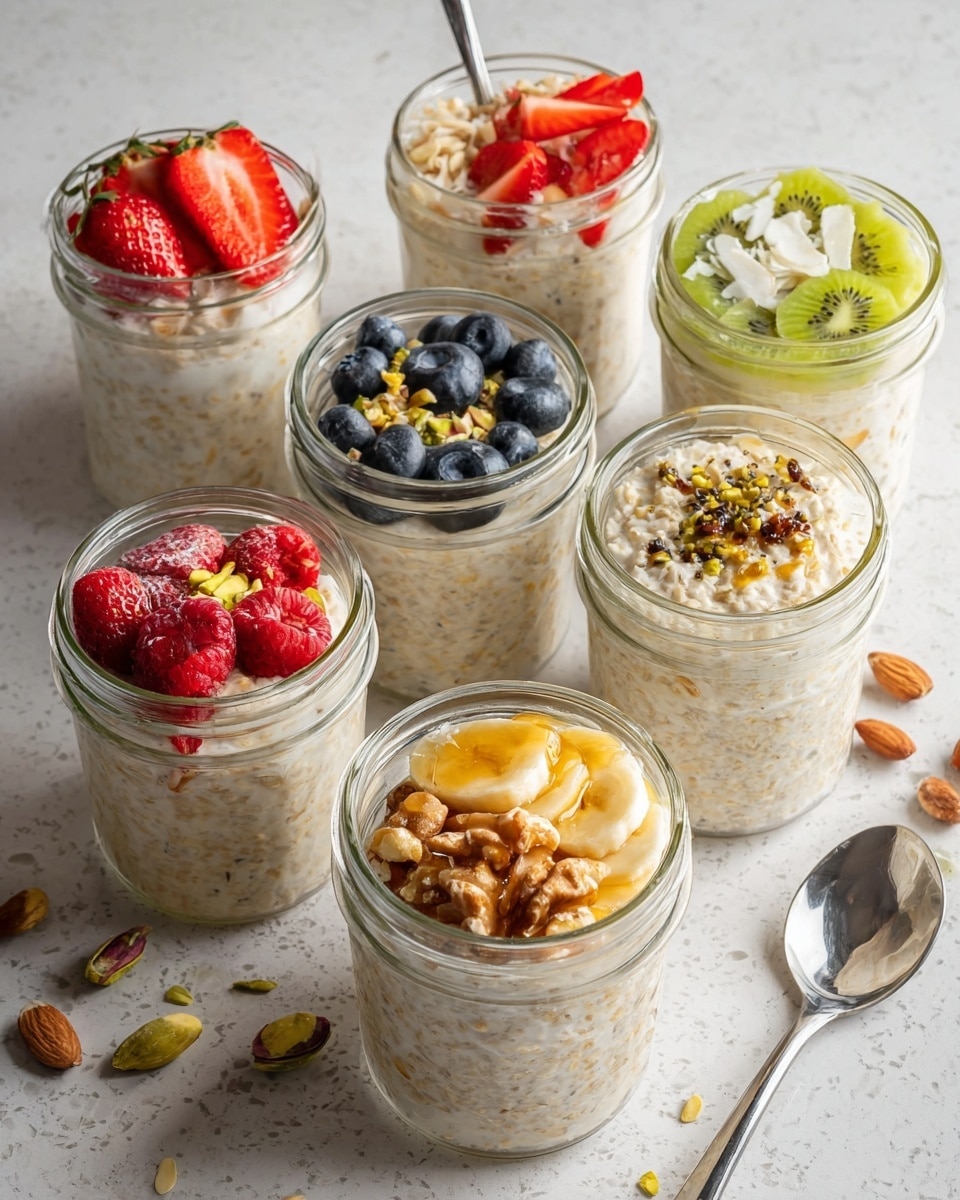 The image shows six small clear glass jars filled with creamy oatmeal, each topped with different fresh fruits and nuts. The front right jar has a layer of light brown oatmeal topped with banana slices, chopped walnuts, and a drizzle of honey. The front left jar has oatmeal topped with whole blueberries and small yellow zest pieces. Center front jar is topped with red raspberries, sliced almonds, chopped pistachios, and tiny dark seeds. Behind it, a jar is topped with a mix of strawberries, blueberries, and shredded coconut. The back left jar features sliced strawberries and banana on top of the oatmeal. The back center jar has green sliced fruit that looks like kiwi or green apple with white seeds on top. The jars are all placed on a white marbled textured surface, with a silver spoon on the right side and some scattered berries and nuts around. Photo taken with an iphone --ar 4:5 --v 7