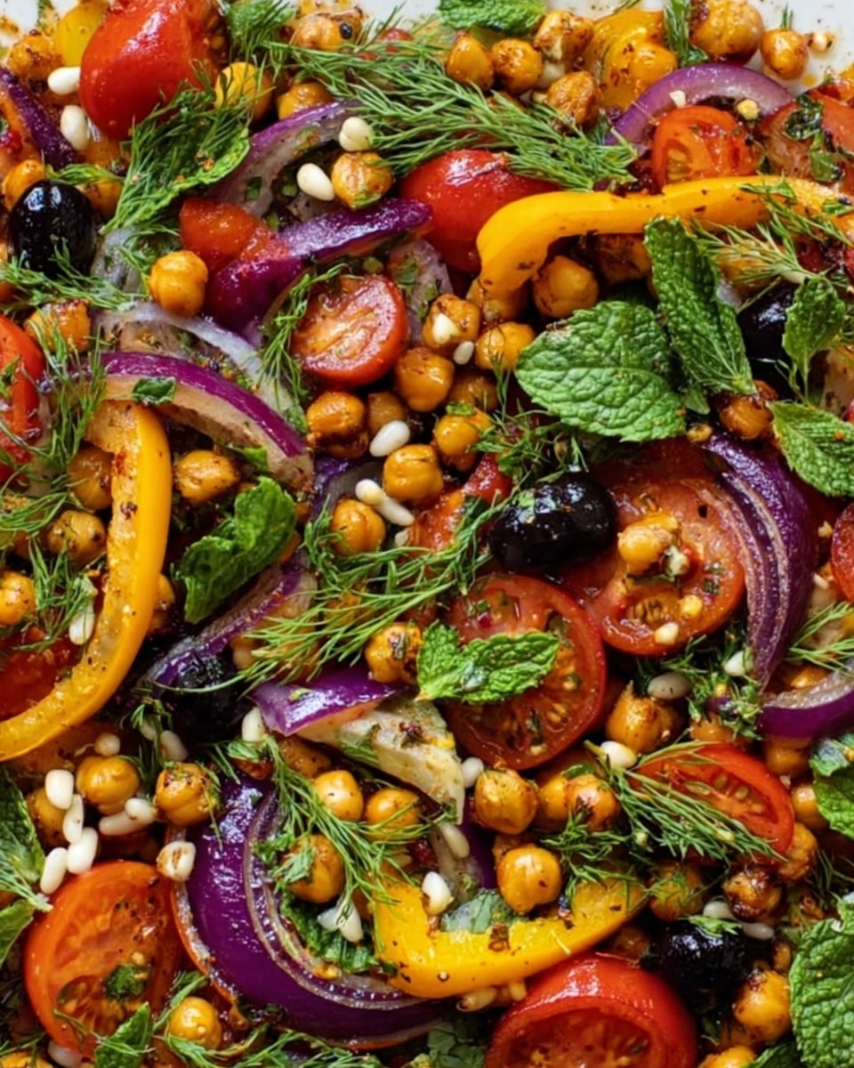 The image shows a close-up of a colorful roasted vegetable and chickpea salad on a white marbled surface. The dish has several layers: dark green and fresh mint leaves scattered throughout; roasted light brown chickpeas adding a crunchy texture; bright orange and yellow bell pepper strips; halved red cherry tomatoes with seeds visible; slices of deep purple eggplant; thin slices of red onion with purple and white rings; black olives placed between vegetables; white pine nuts sprinkled across the salad; and fresh green dill fronds decorating the top layer. Everything is mixed together, creating a vibrant and textured look. Photo taken with an iphone --ar 4:5 --v 7
