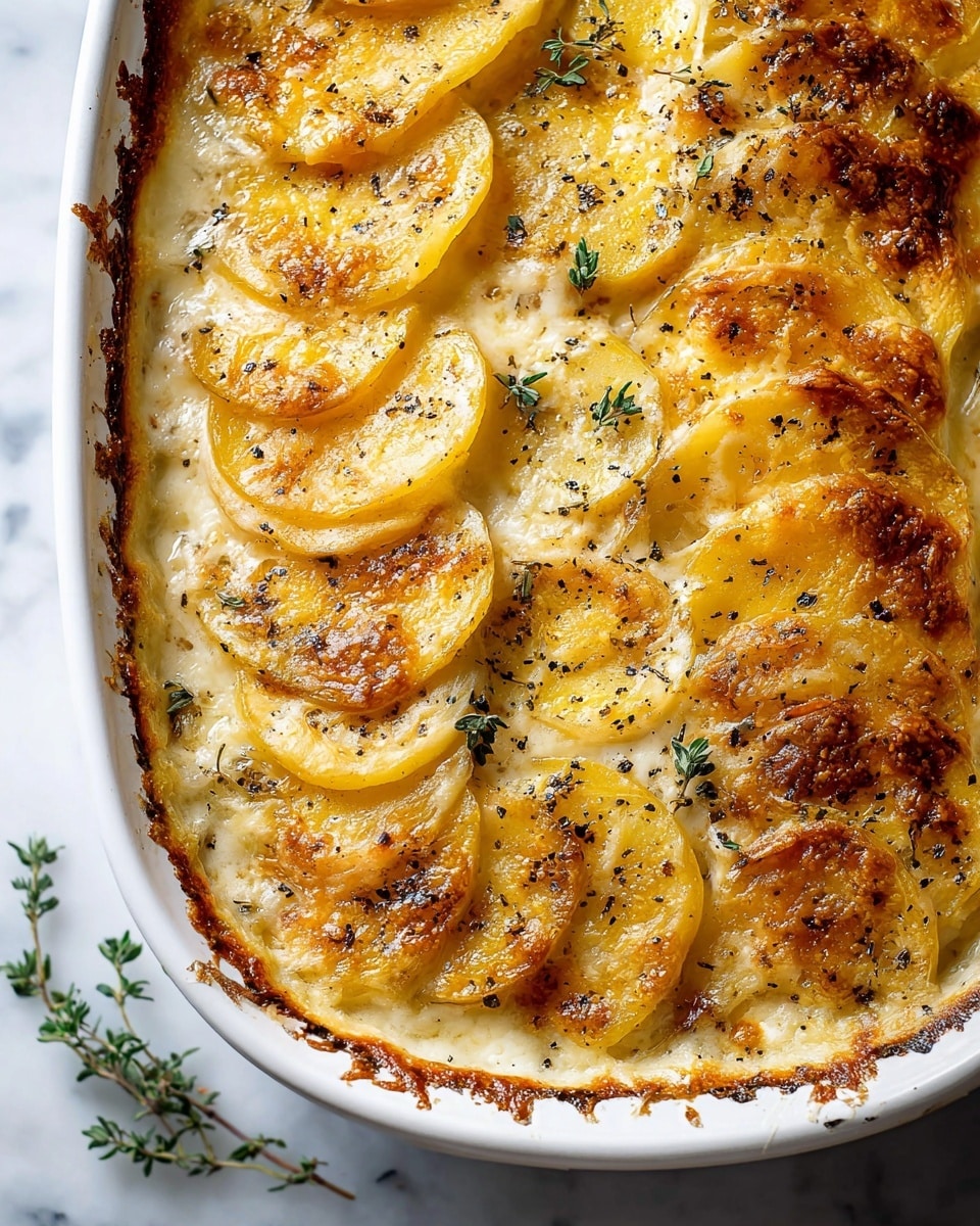 A white baking dish filled with several layers of sliced potatoes arranged in curved rows, each slice golden-yellow with browned, crispy edges and a creamy sauce between them. The top layer of potatoes is baked with a slightly crusty, melted cheese texture showing a golden to light brown color with black pepper specks sprinkled on top. Small green sprigs of thyme rest gently on the surface, adding a fresh touch. The background is a white marbled texture. Photo taken with an iphone --ar 4:5 --v 7