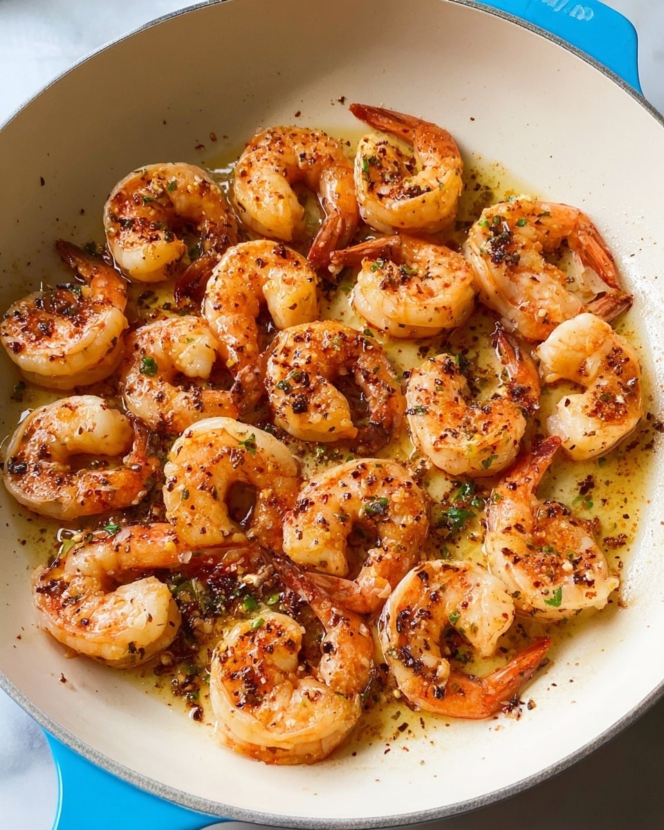 A white pan filled with cooked shrimp arranged in a loose circular pattern, each shrimp showing an orange-pink color with some charred black seasoning bits sprinkled all over. There is a light layer of oil surrounding the shrimp, adding a shiny texture. The pan’s blue handle is partly visible at the bottom. The surface under the pan is a white marbled texture. photo taken with an iphone --ar 4:5 --v 7