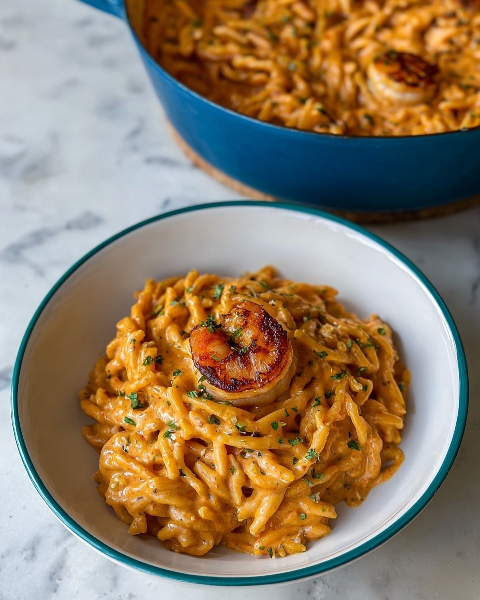 A white shallow bowl holds one layer of thick spaghetti coated in a creamy orange sauce, speckled with black pepper and garnished with small green herb pieces. On top, a single cooked shrimp, golden brown with a slightly charred texture, sits in the middle. The background shows a blurred blue pan, while the surface is a white marbled texture. photo taken with an iphone --ar 4:5 --v 7