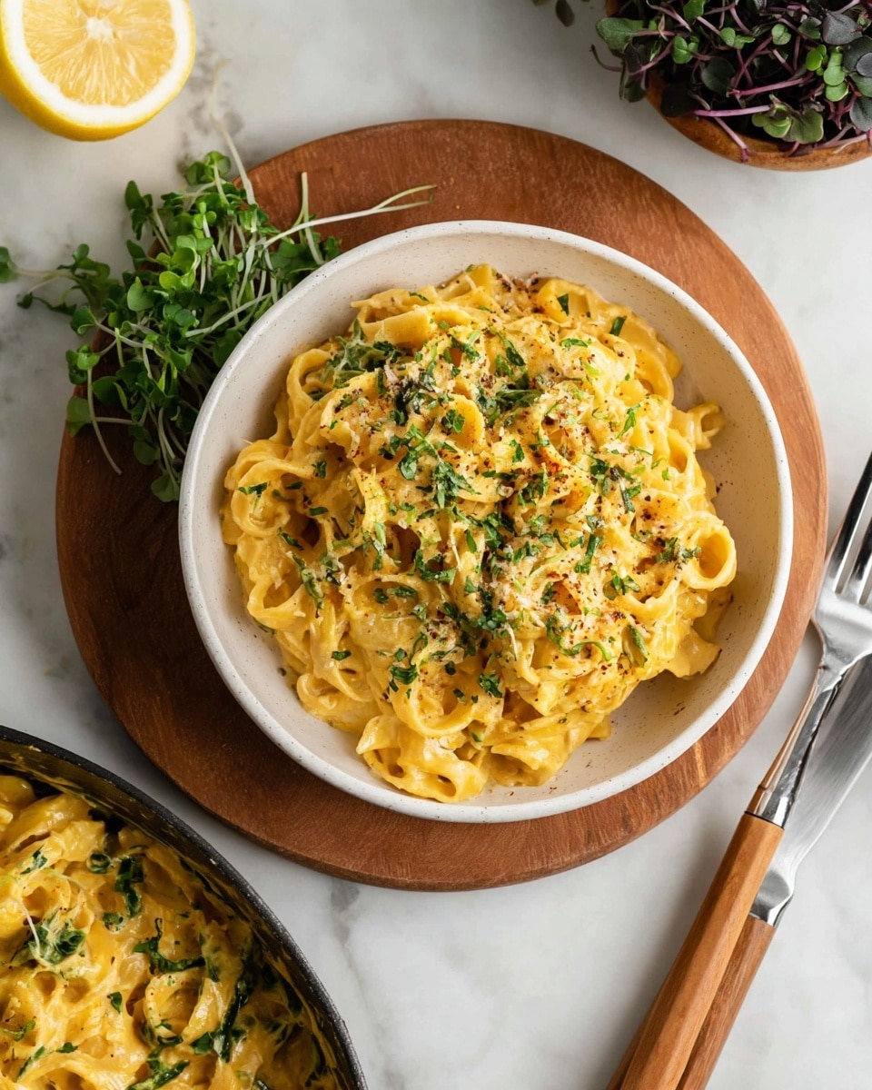 A white bowl filled with creamy orange-yellow pasta, topped with small green herb bits scattered evenly. On the left side of the bowl, there is a half lemon with the cut side up next to a small bunch of dark green microgreens. The bowl sits on a round wooden board, placed on a white marbled surface. Near the bottom left, a part of a pan with more creamy pasta and green herbs is visible. To the right of the bowl, there is a fork with a wooden handle resting on the white marbled surface. photo taken with an iphone --ar 4:5 --v 7