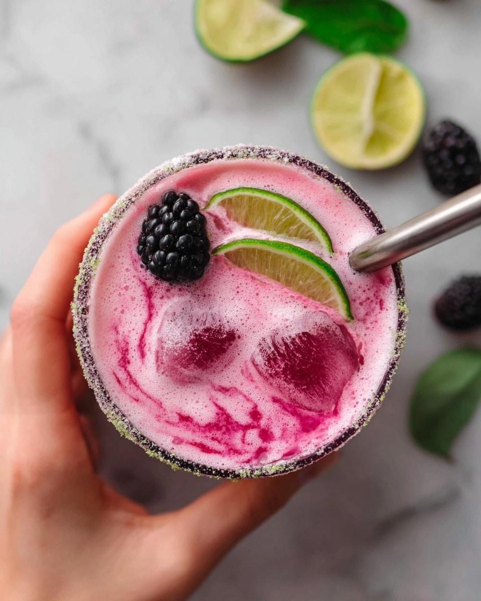 Three clear round glasses hold bright pink drinks with a frothy light pink layer on top, ice cubes floating inside. Each glass is rimmed with salt and small green zest bits. On top of each drink sit a dark blackberry and thin green lime peel strips. Two glasses have a black straw sticking out. Around the glasses are extra blackberries, mint leaves, and lime wedges scattered on a white marbled surface. Photo taken with an iphone --ar 4:5 --v 7