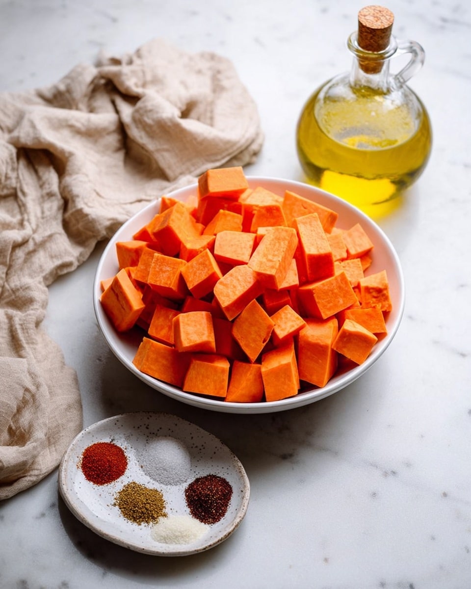 A white bowl filled with about three layers of bright orange sweet potato cubes, each cube smooth and neatly cut, sitting on a white marbled surface. Above the bowl is a transparent glass bottle filled with golden yellow oil, with a wooden cork top, and next to it is a crumpled beige cloth. On the left side of the bowl, there is a small white speckled plate holding five small piles of different spices, colored white, black, light beige, deep red, and brown, all arranged in a circle. Photo taken with an iphone --ar 4:5 --v 7