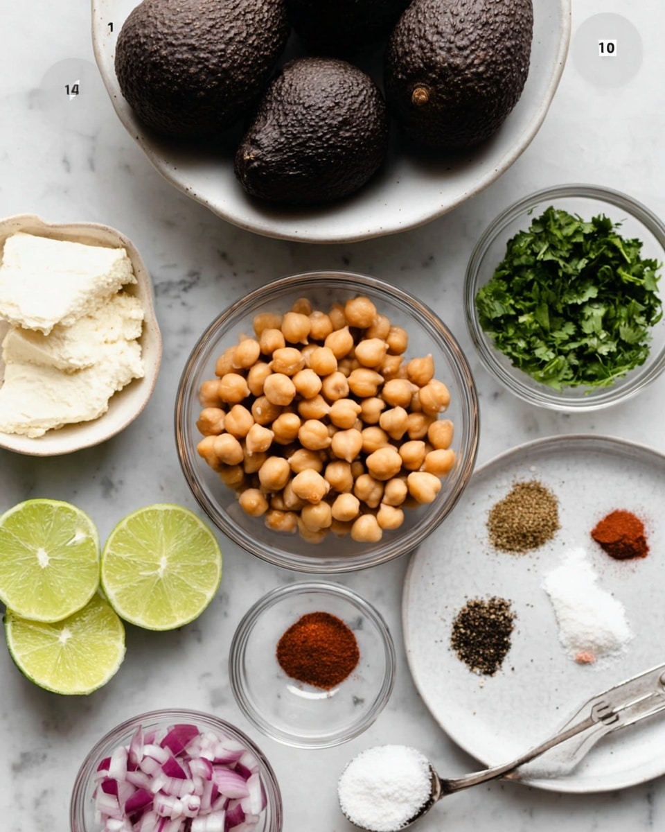 The image shows several ingredients arranged neatly on a white marbled surface. At the top, there is a white bowl holding five dark, textured avocados with rough skins. Below it, a clear glass bowl holds light brown chickpeas. To the right of the chickpeas is a small clear bowl with chopped green herbs. Next to it, a white plate has five spices arranged in small piles, including salt, ground black pepper, and a red powder. At the bottom left, there are two lime halves with a juicy green interior beside a small bowl of finely chopped red onion. Finally, there's a small mound of white powder with a metal fork resting nearby. photo taken with an iphone --ar 4:5 --v 7