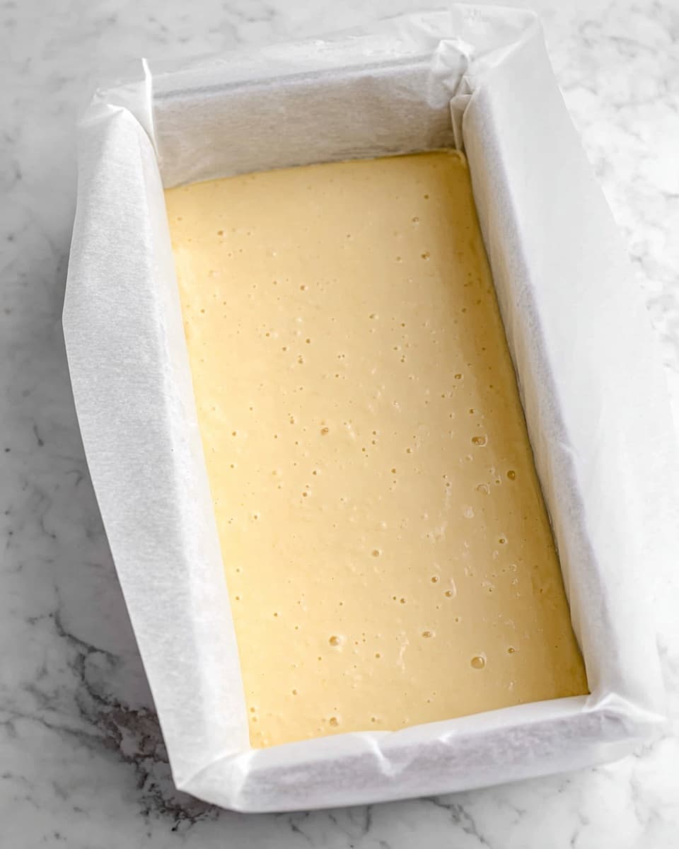 A close-up top view of a rectangular baking pan lined with white parchment paper filled with pale yellow batter. The batter surface is smooth with small bubbles scattered all over, showing a slightly airy texture. The pan is set on a white marbled surface, and the edges of the parchment paper extend slightly above the pan's rim. photo taken with an iphone --ar 4:5 --v 7