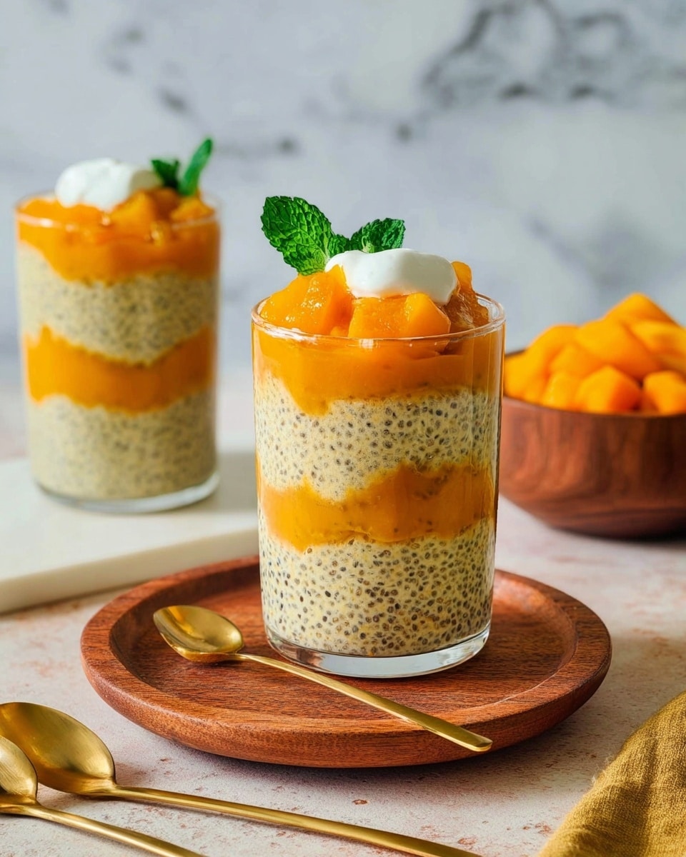 A clear glass shows a dessert with five layers: the bottom and third layers are creamy beige chia pudding with small black seeds, the second and fourth layers are bright orange fruit puree, and the top fifth layer is a chunky orange fruit topping with a smooth dollop of white cream on one side. A fresh green mint leaf stands upright beside the cream. The glass is set on a round wooden tray on a white marbled surface with two golden spoons nearby. In the background, there is another glass with the same layered dessert and a wooden bowl filled with orange fruit pieces. Photo taken with an iphone --ar 4:5 --v 7